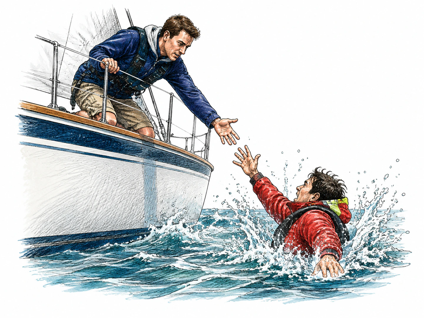 A sailor tumbles from the side of a boat into the surrounding water while another sailor reaches down to help.