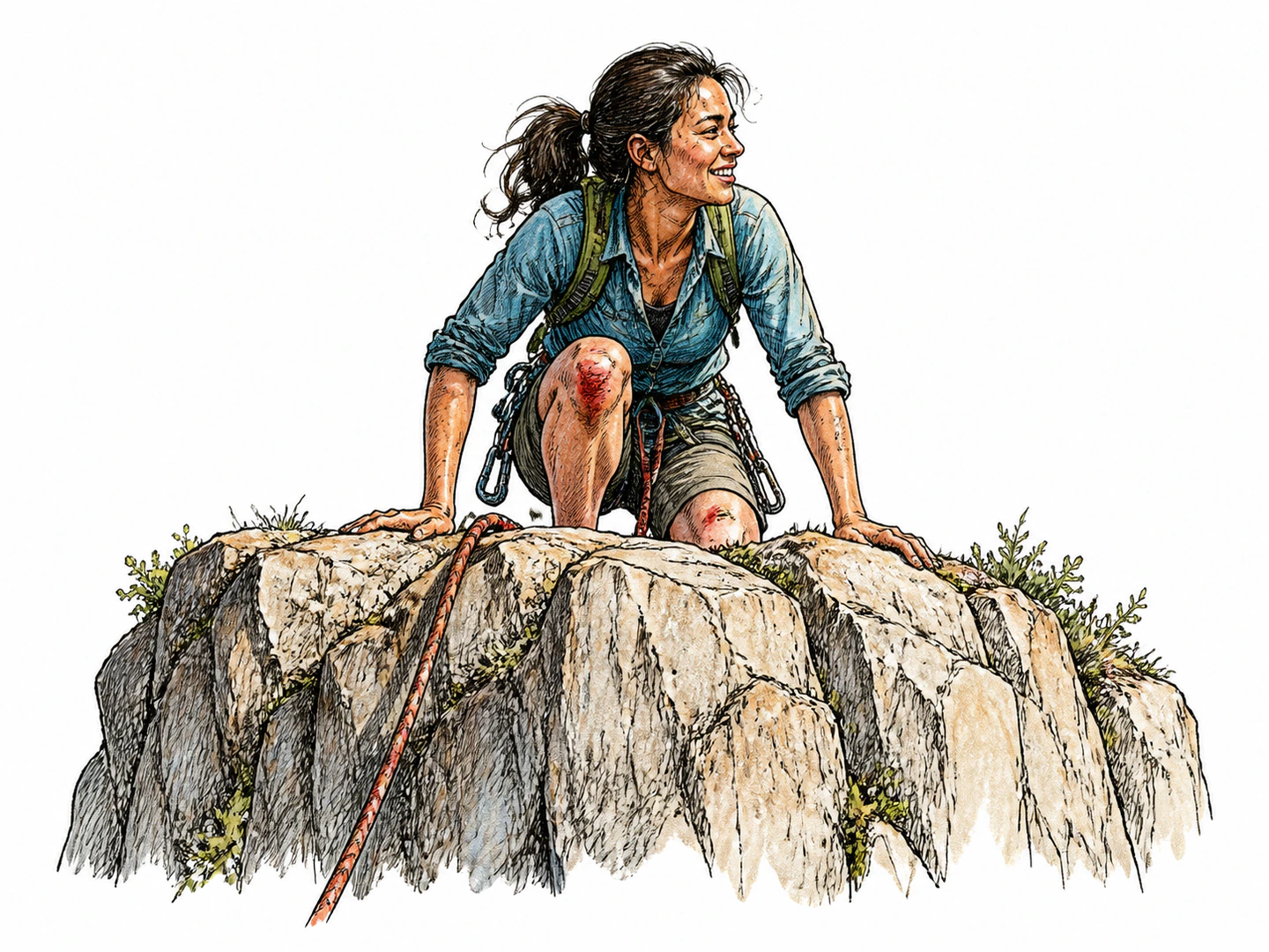 A climber reaches the top of a steep wall after passing the final obstacle, while the rope and scraped knees show the difficulty they defeated.