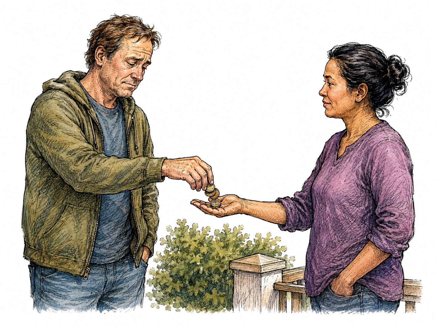 One person hands over borrowed money to a waiting neighbor while looking obligated, and the neighbor holds out an open palm to receive what is due.