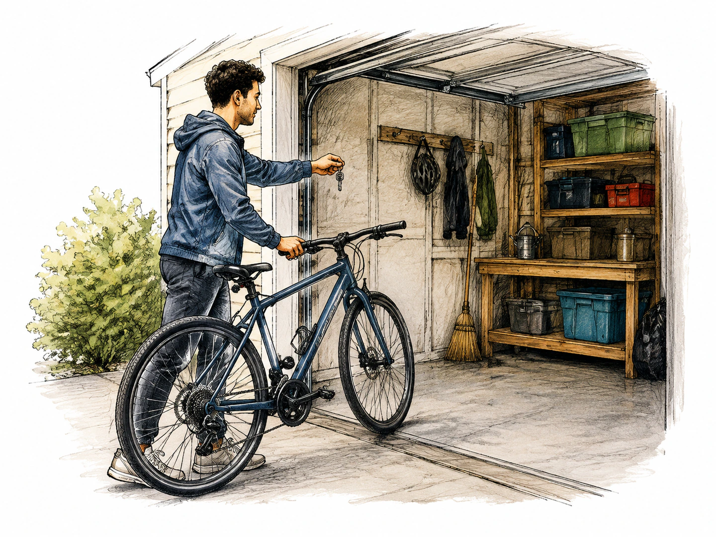 A person stands beside a bicycle with a matching key in hand and stores it inside their garage as their property.