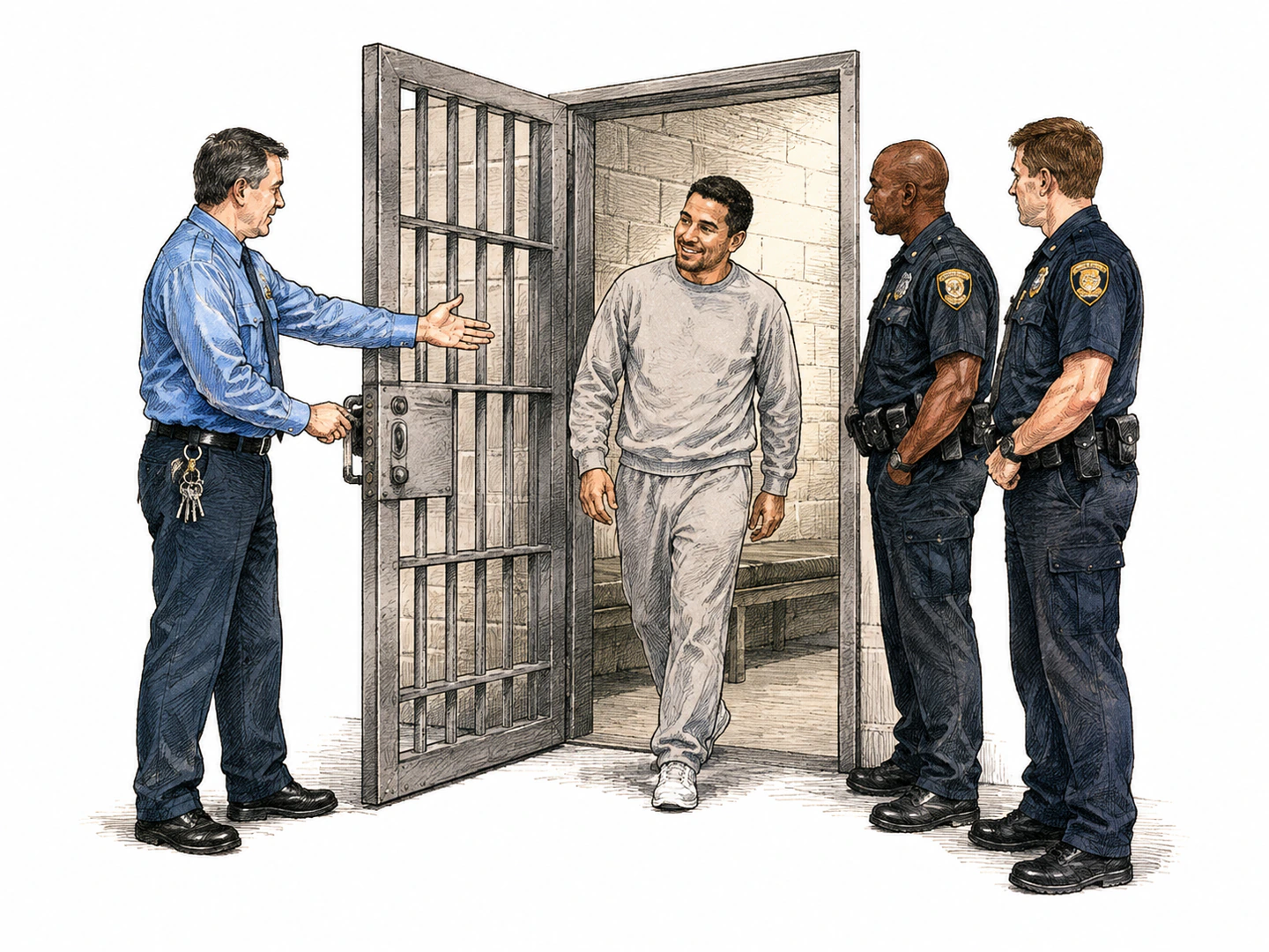 A prison official unlocks a cell door and gestures for a relieved prisoner to leave while guards step aside.