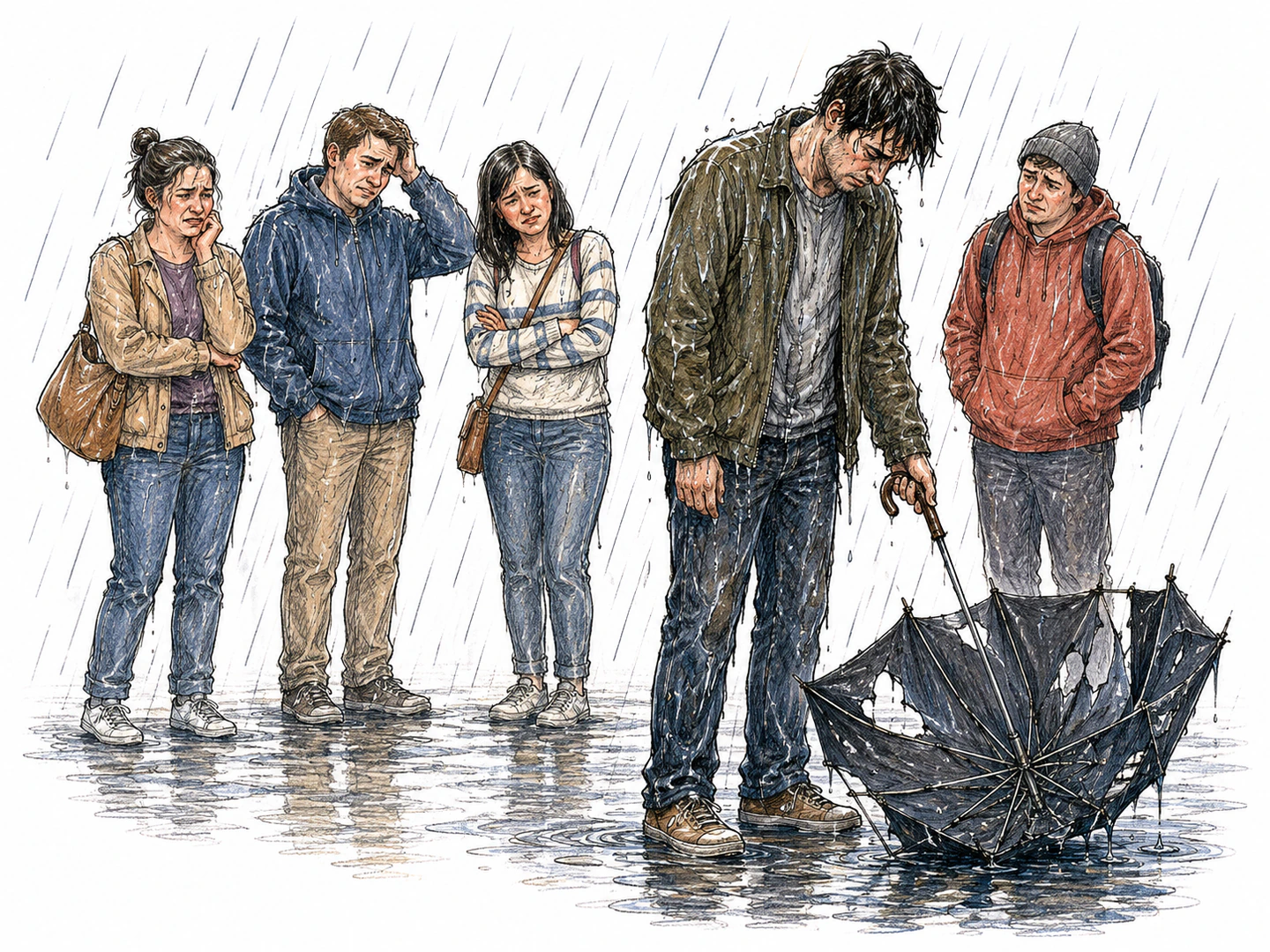 A torn paper umbrella collapses in heavy rain while its owner stands soaked and bystanders grimace with pity.