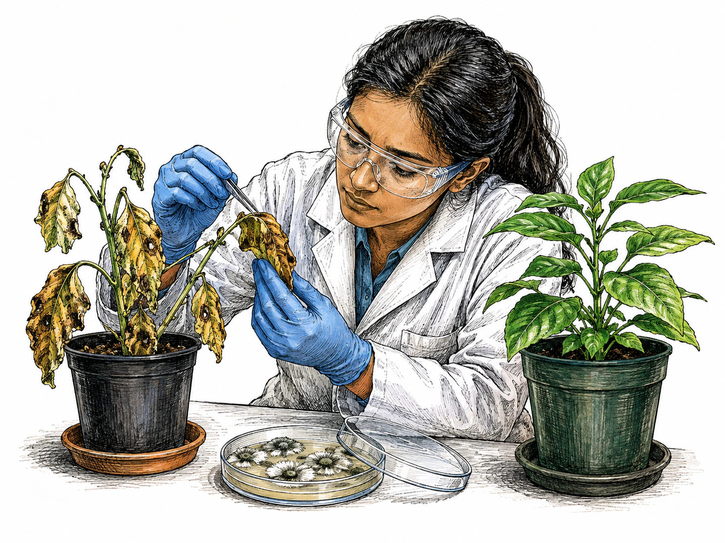 A scientist in a laboratory examines a diseased plant beside a healthy control plant; a sealed culture dish and gloved careful handling emphasize an infectious cause, with no labels or inset.
