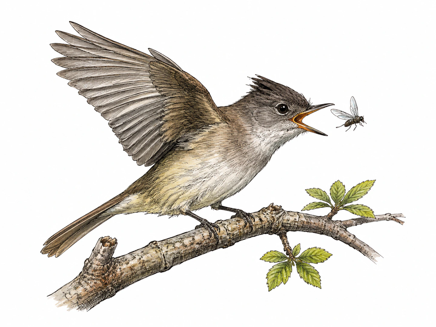 An eastern phoebe, gray-brown above and pale below with a slight crest, catches a flying insect just beside its branch; show one bird in one instant.