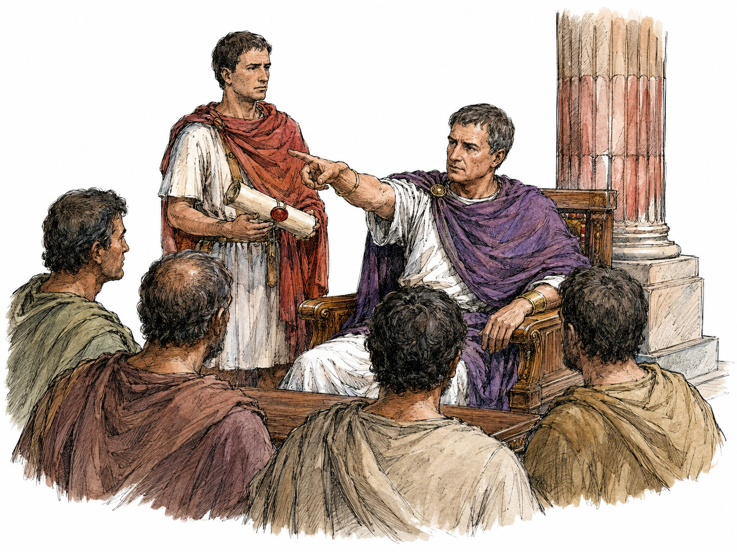 A provincial governor seated in a regional hall gives orders to local officials while a messenger from a higher ruler stands beside him with the ruler's mandate.
