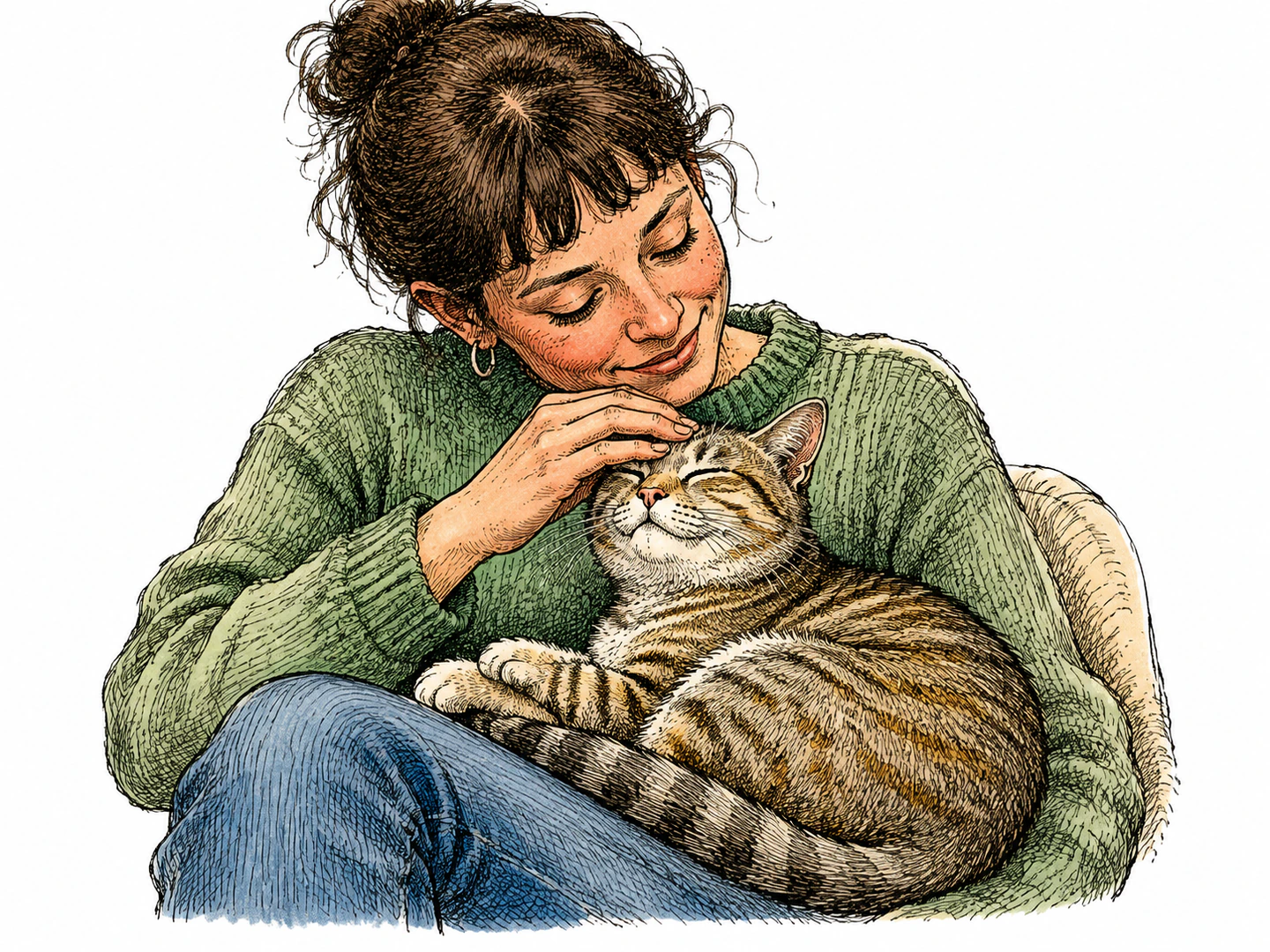 A person affectionately strokes a relaxed cat curled on their lap while the cat leans into the gentle touch.
