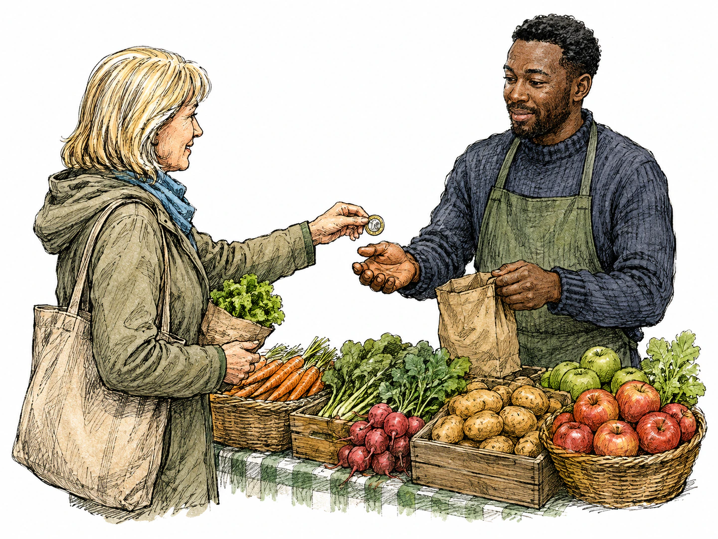 At a British market stall, a shopper hands the vendor a single pound sterling coin in exchange for a small purchase.
