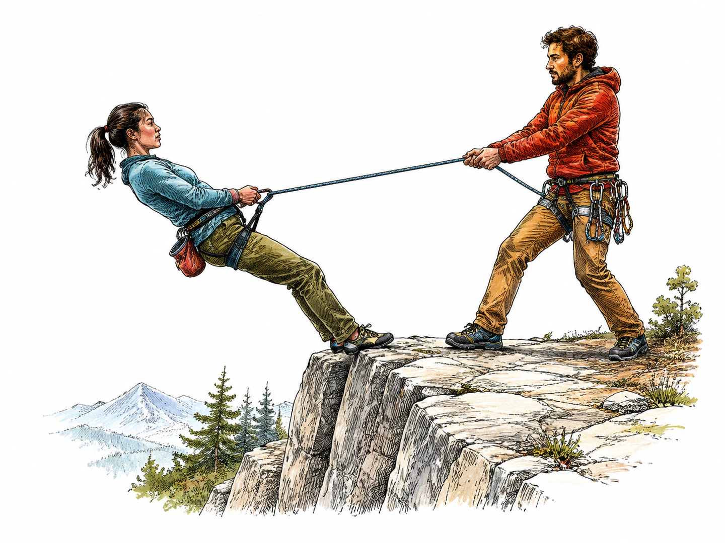 A climber leans their full weight on a rope held firmly by a partner, depending on that support to stay above a drop.