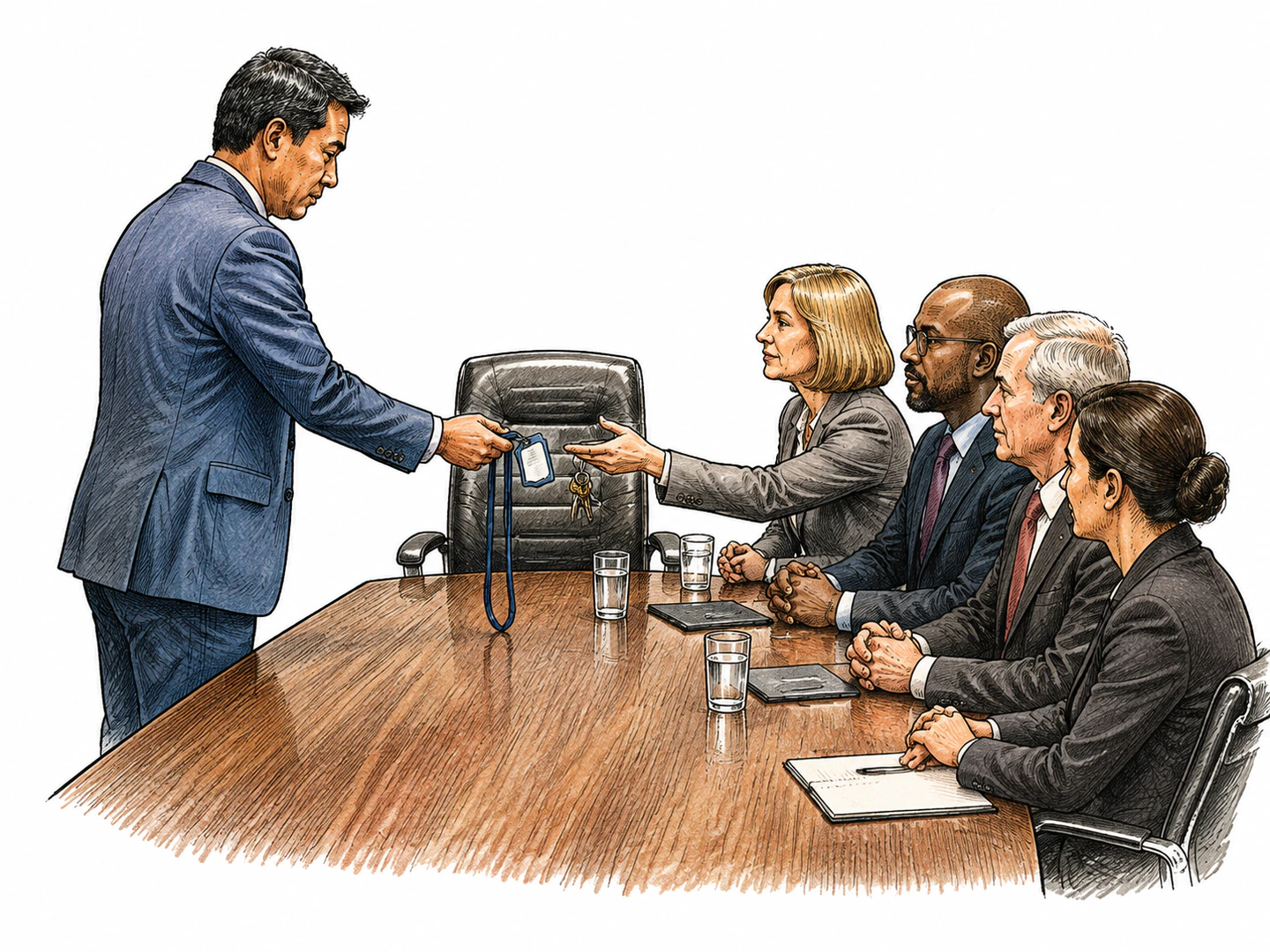 An office manager hands back their badge and keys to the board while leaving an empty chair at the head of the table.