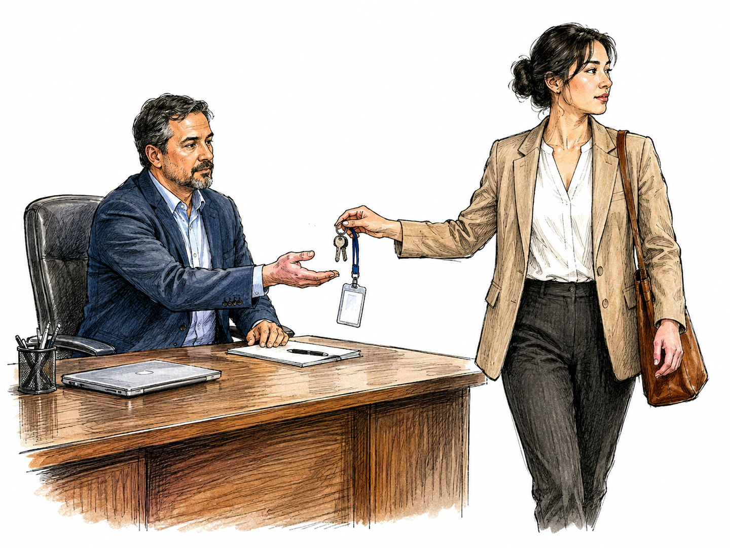 An office manager hands their work badge and keys to a supervisor and walks away from the desk, showing the formal act of giving up the position.