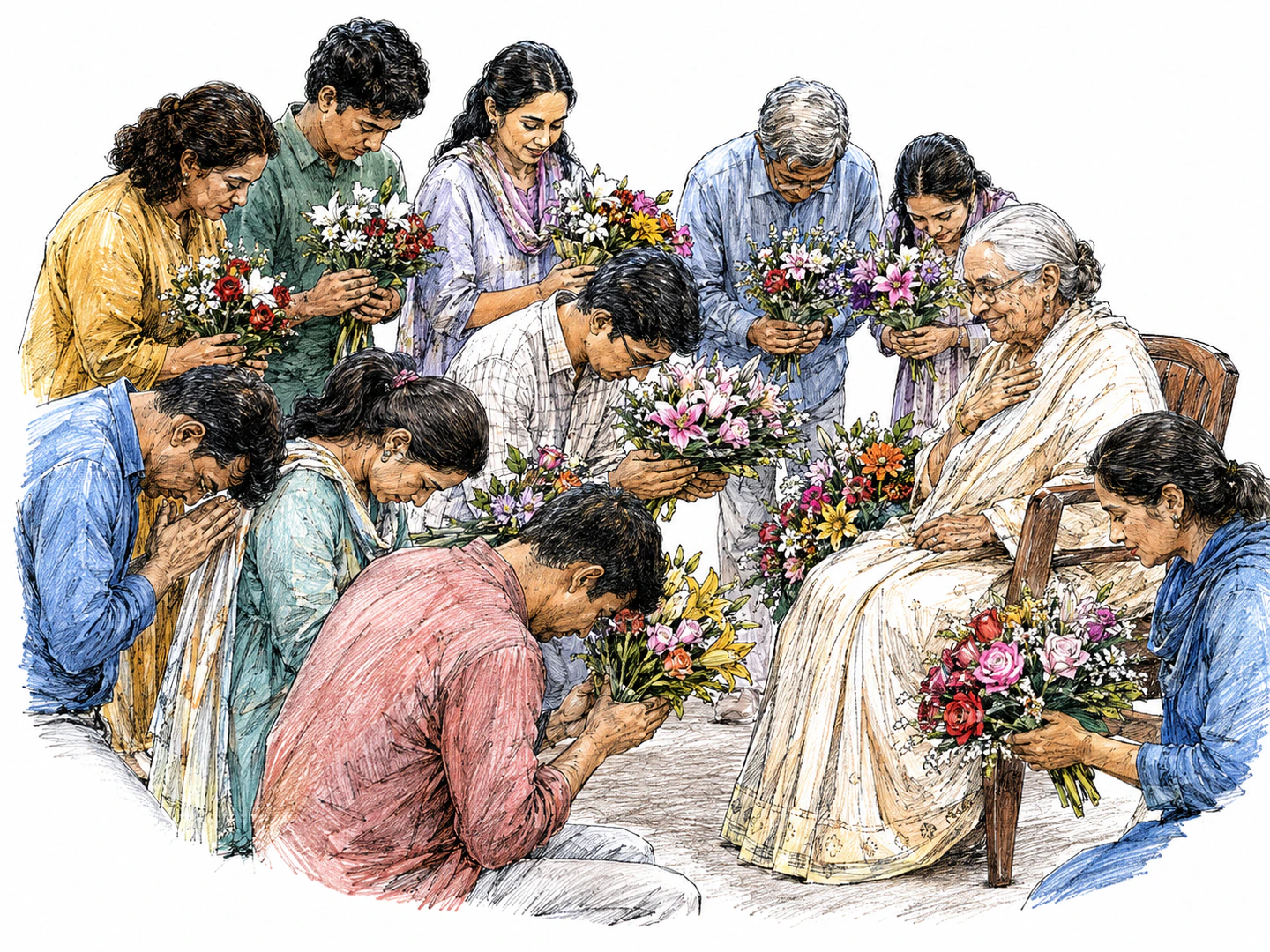 A crowd bows their heads and offers flowers before an honored elder, showing deep respect and public honor.