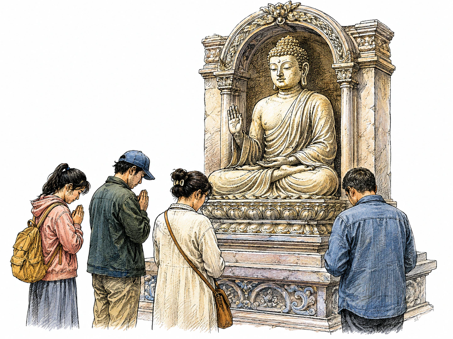 Visitors stand silently before a sacred statue with bowed heads and careful hands, showing deep respect mixed with awe.