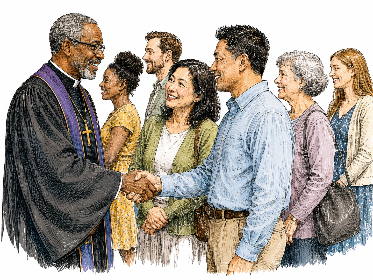 A clergy member stands before a congregation as people respectfully shake their hand after a service, making the honored religious role visible.