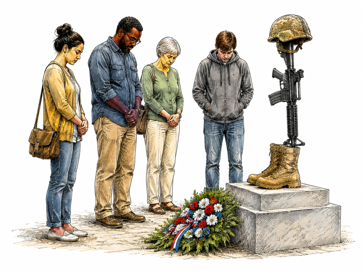 Visitors stand silently before a memorial with bowed heads and hands folded, keeping respectful distance from the honored object.