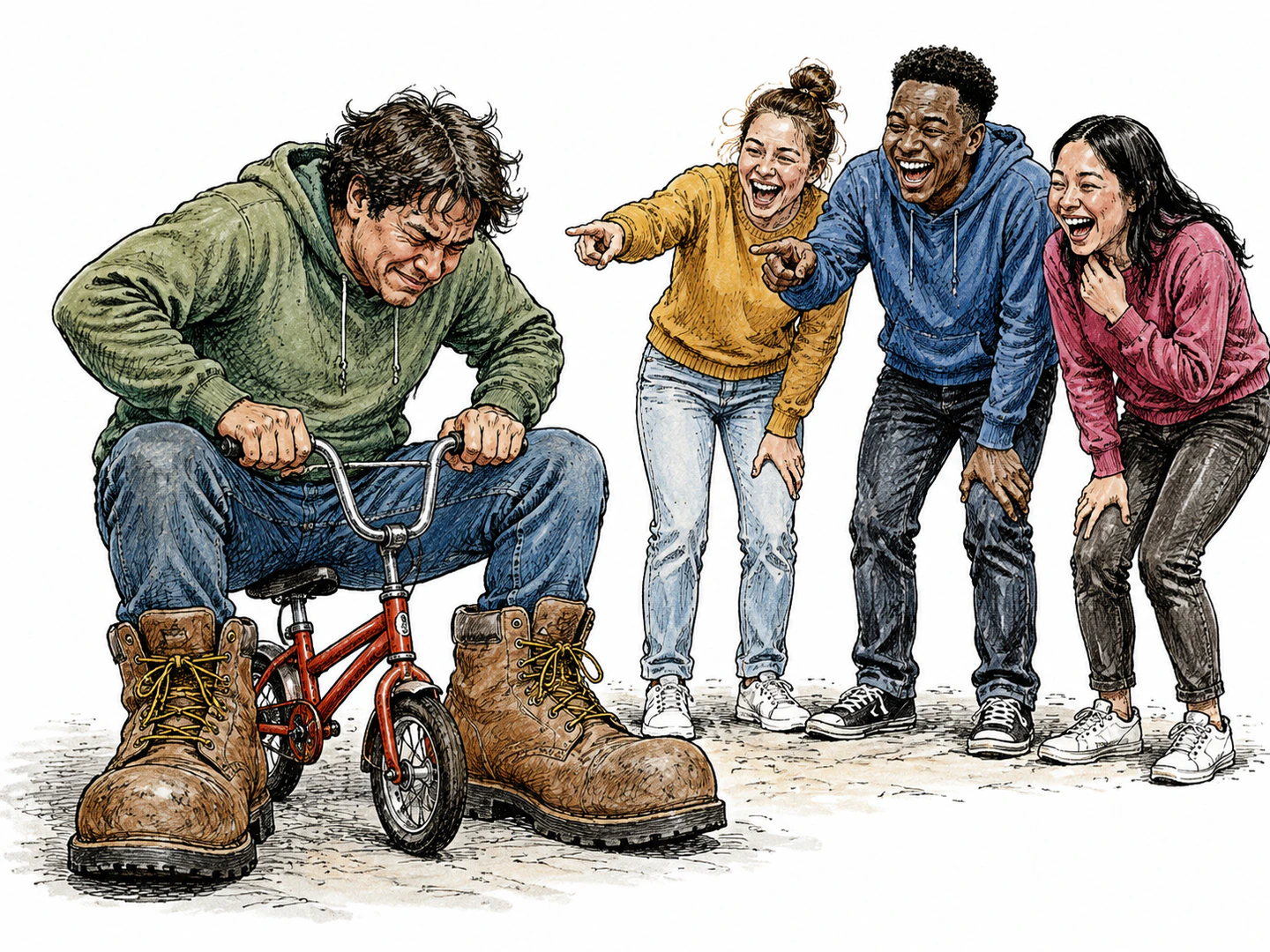 A person tries to ride a tiny toy bicycle while wearing oversized boots, and nearby people laugh and point because the attempt is absurd.