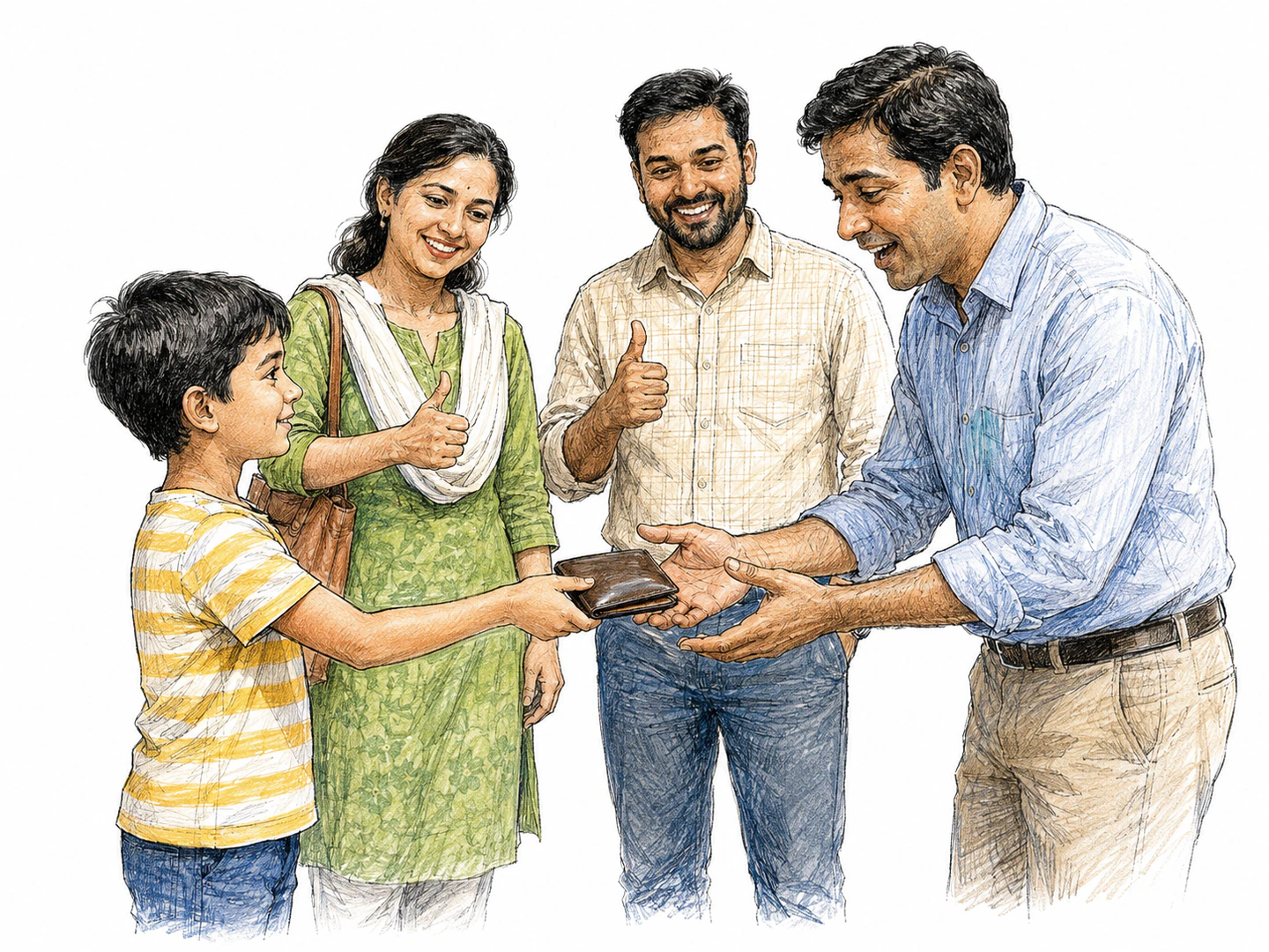 A child returns a dropped wallet to its owner while nearby adults approve and the relieved owner accepts it, showing morally proper action.