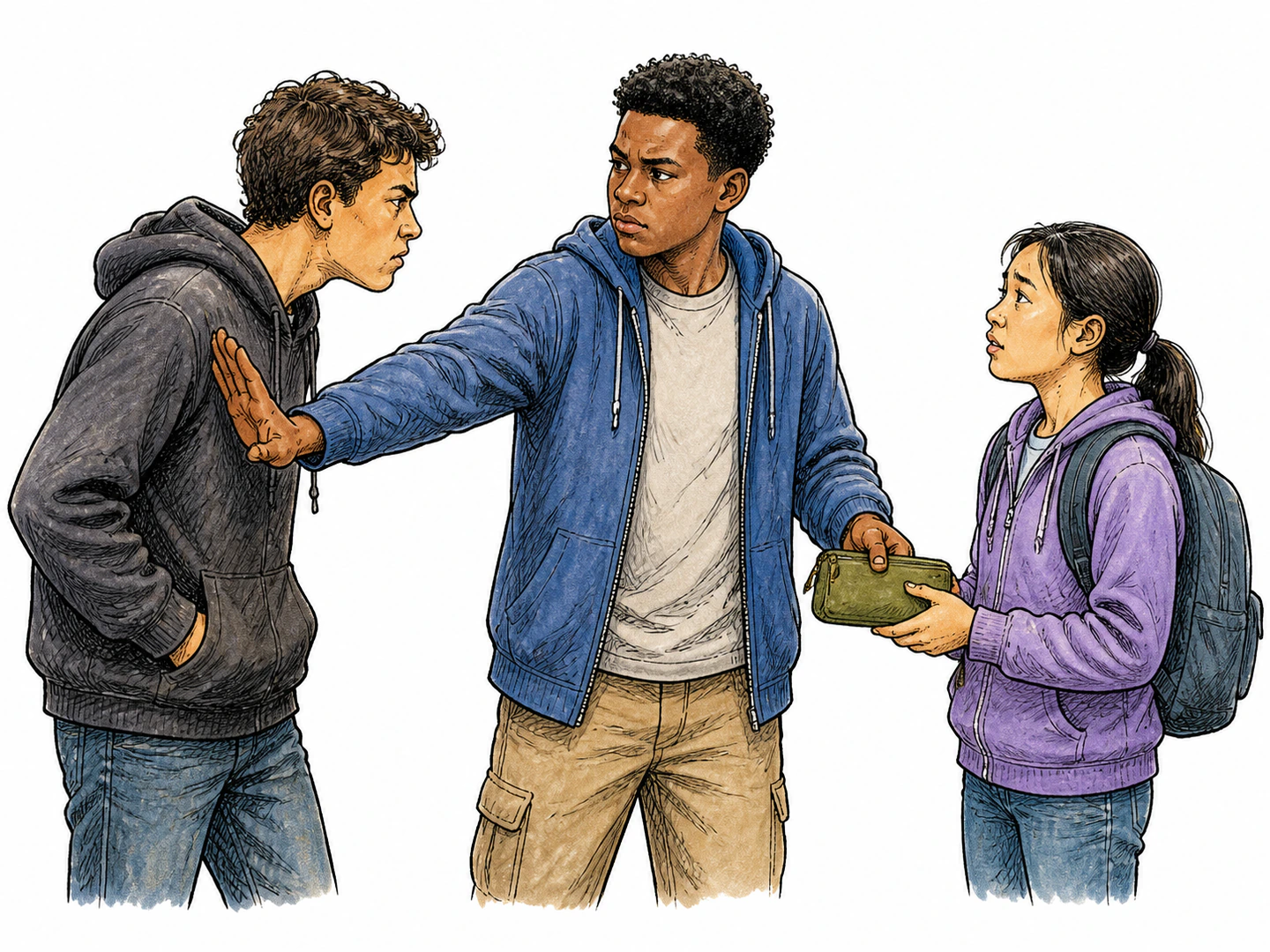 A witness steps between a bully and a smaller person, returns a stolen item to its owner, and faces the bully firmly in an act of justice.