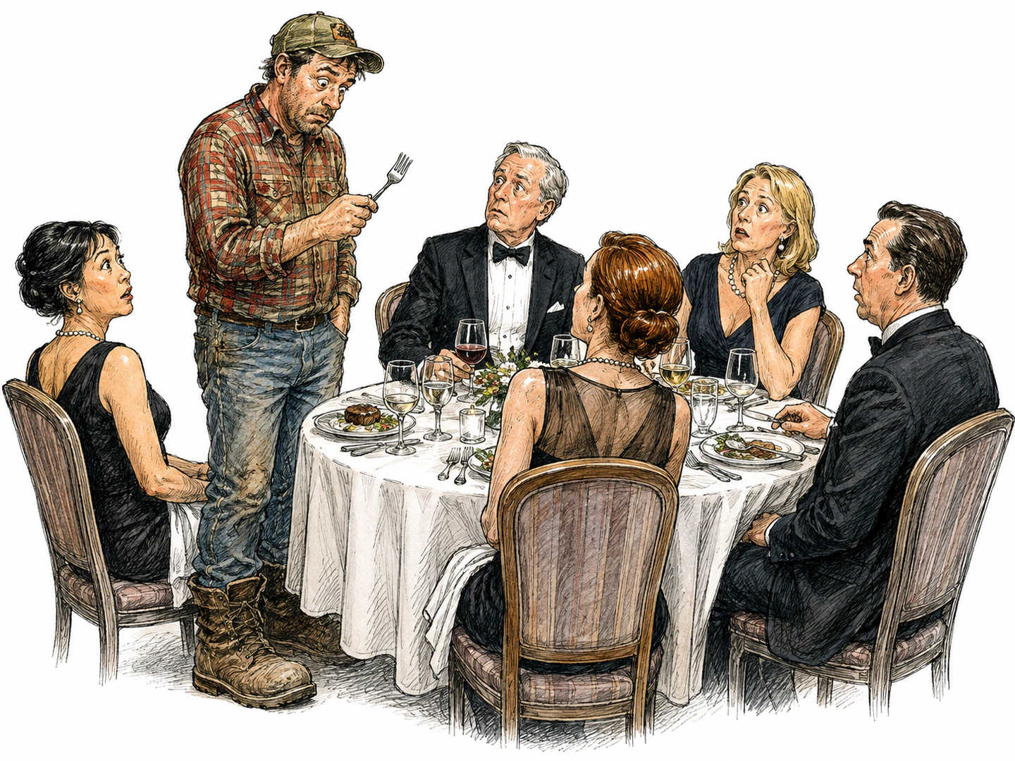 A rural visitor in work boots stands bewildered at a formal city dinner, gripping the wrong utensil while polished diners pause in awkward surprise.