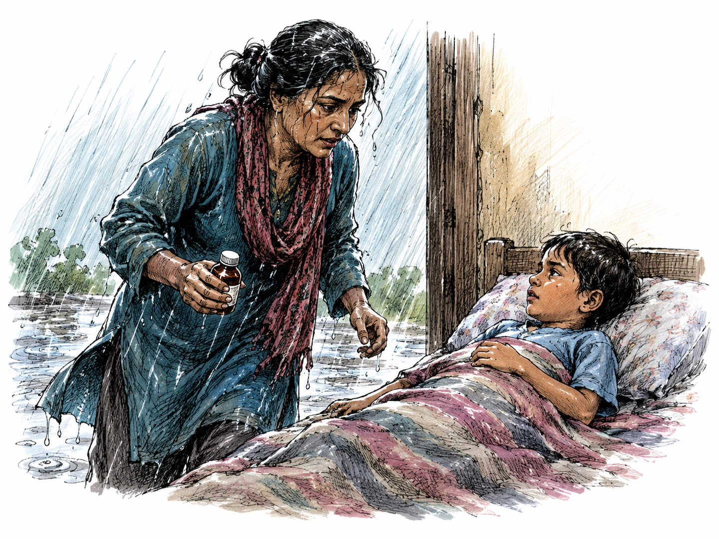 A parent endures heavy rain to bring medicine to a sick child, making the child's benefit the visible reason for the action.