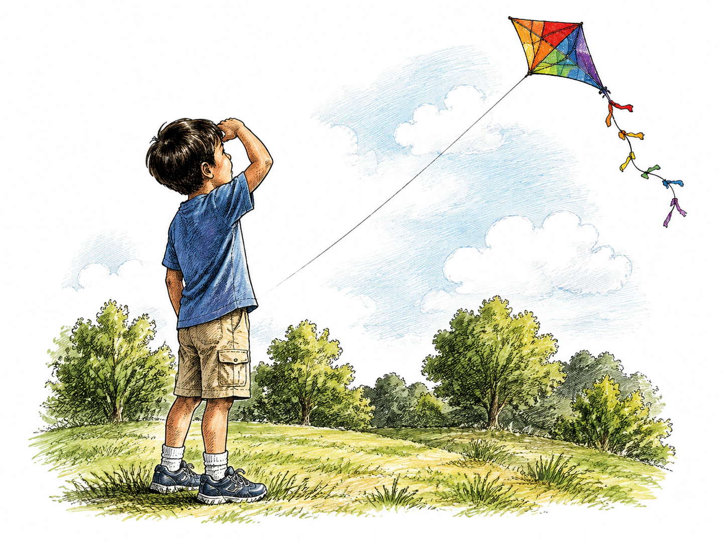 A child shades their eyes and looks directly at a bright kite in the sky, clearly perceiving it with their eyes.
