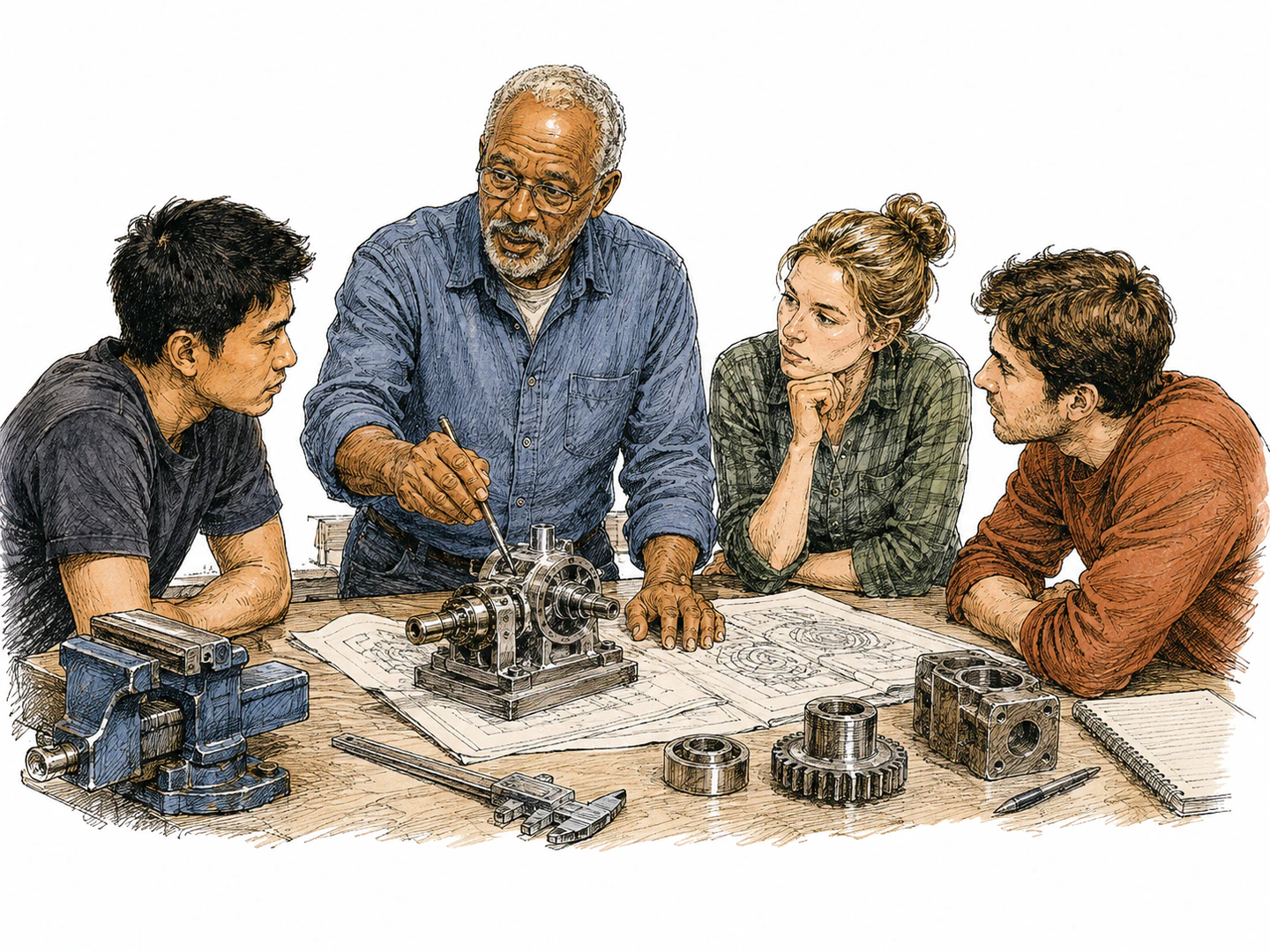 An older, more experienced worker guides younger team members from the head position at a workbench, making higher rank and advancement visible.