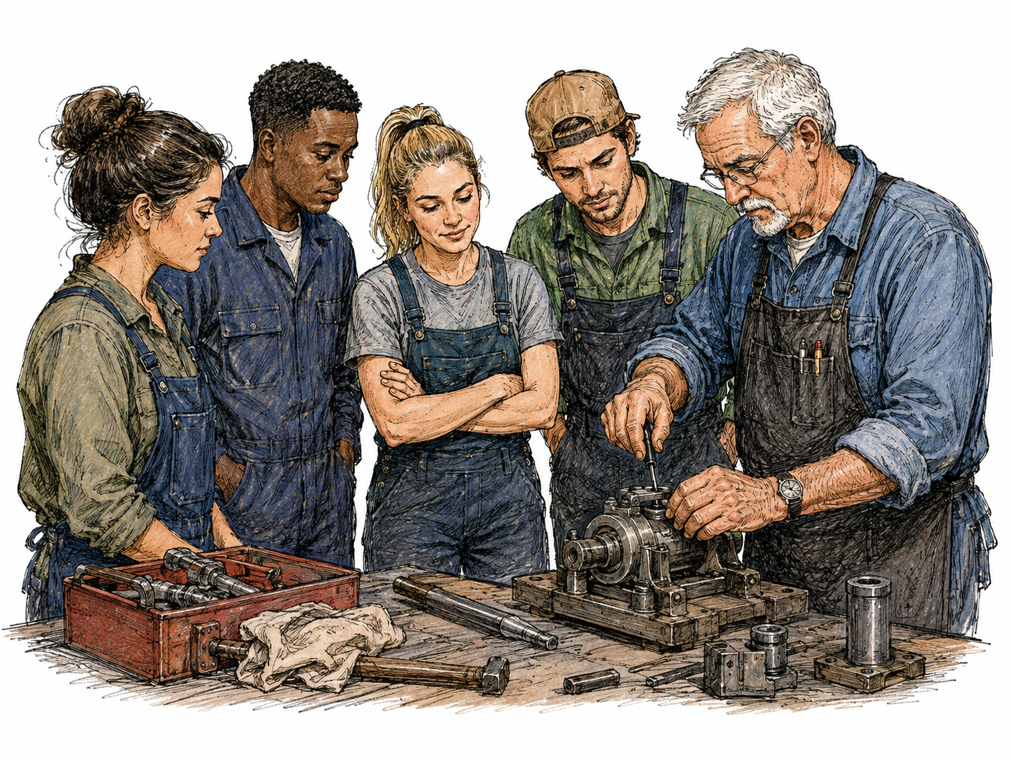 In a workshop, a long-serving older worker is invited to lead the team while newer workers step aside and follow their guidance.