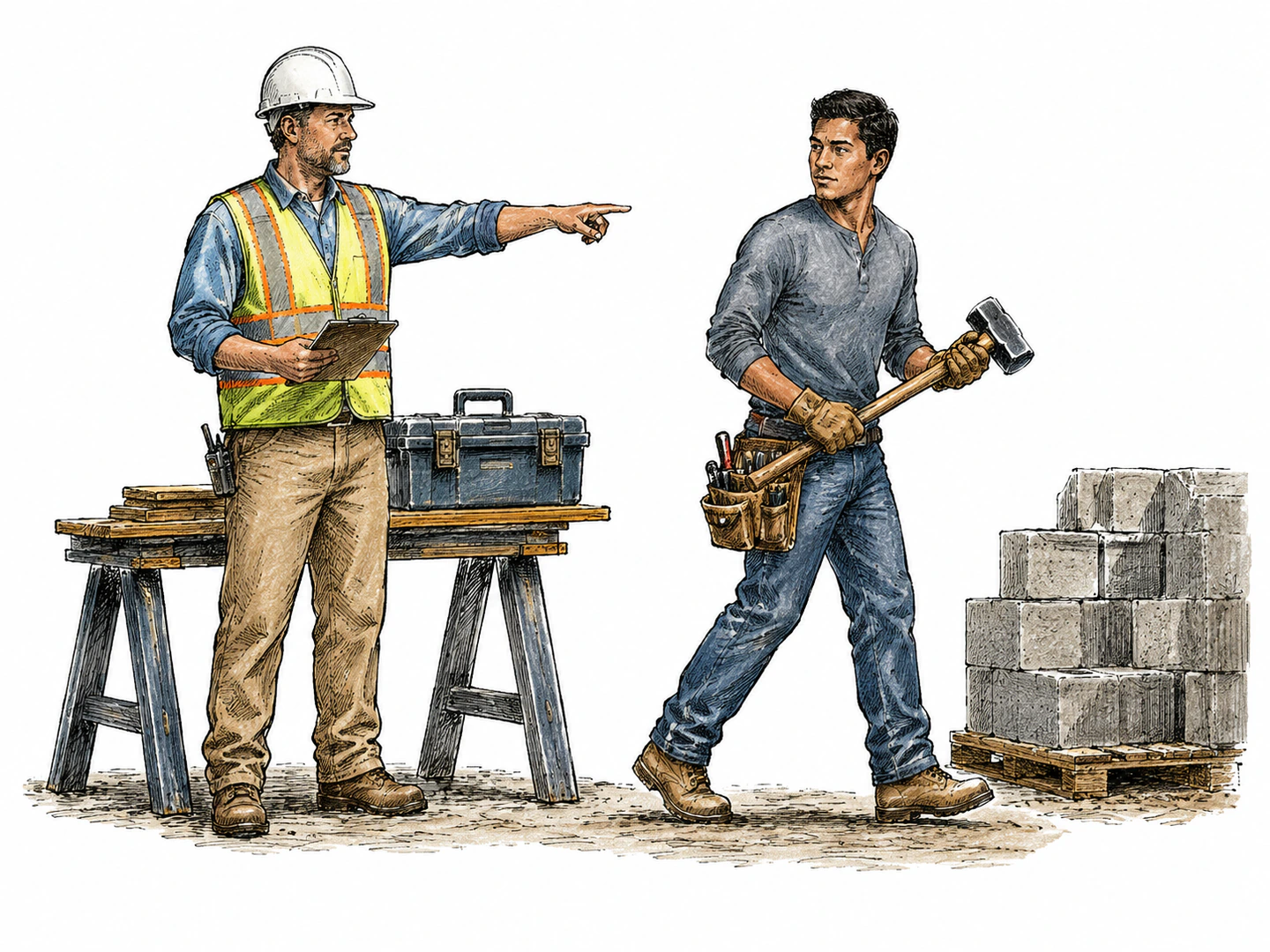 A team leader points to a waiting task while a worker accepts the tool and moves toward doing it, making future obligation visible through the assigned action.