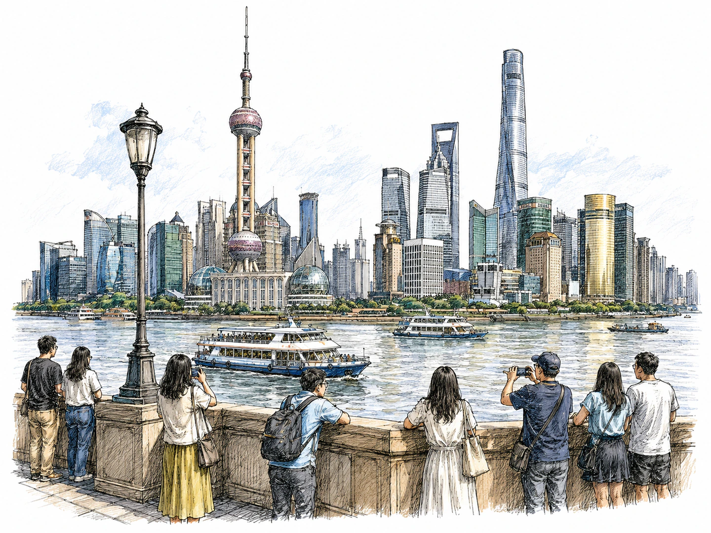 A clear editorial ink view across Shanghai’s Huangpu River: the Oriental Pearl Tower and Shanghai Tower rise behind river ferries, with the Bund waterfront in the foreground; no written signs.