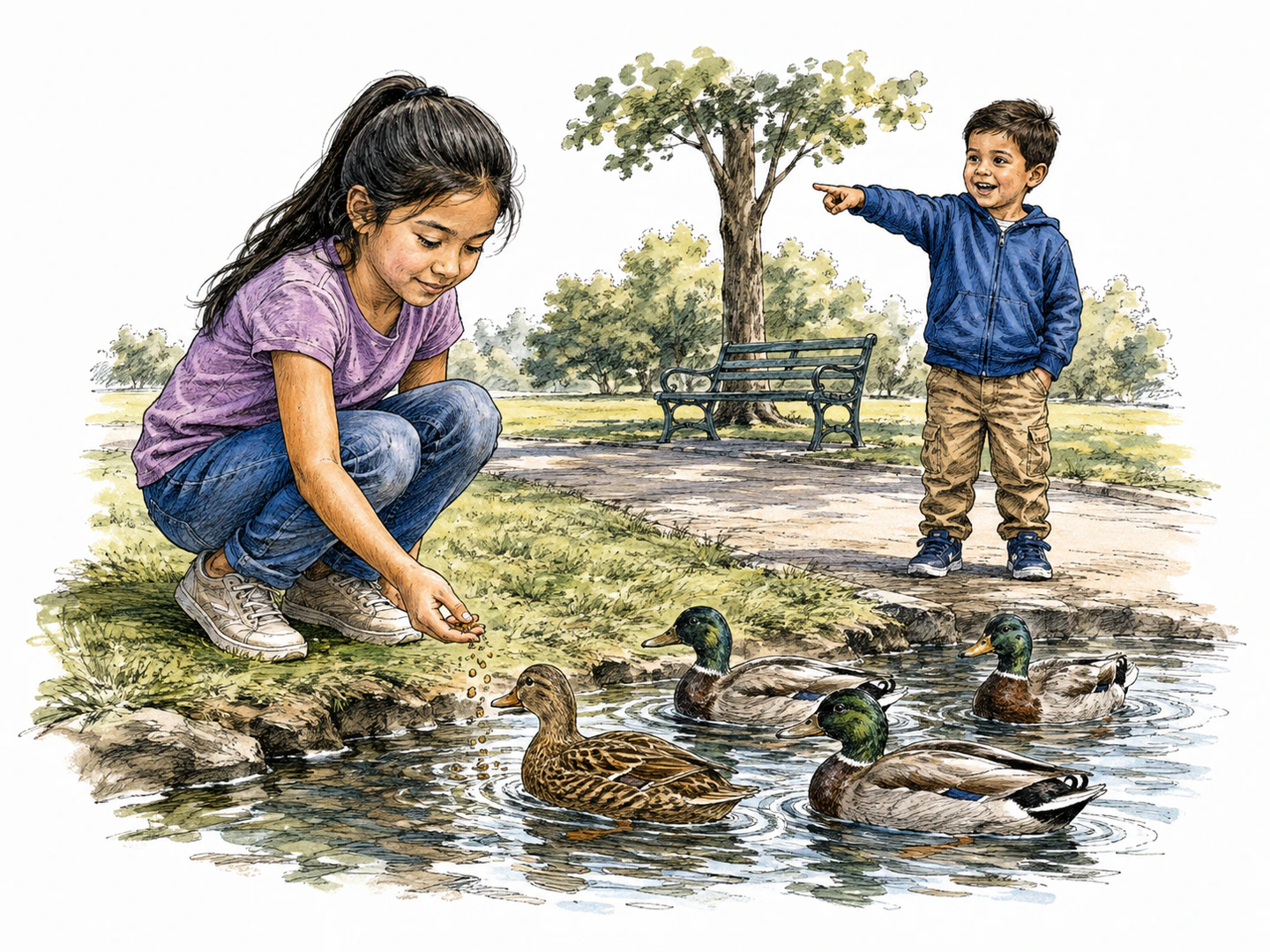 At a park, a girl feeds ducks while a nearby child points directly to her as the clearly identified female person in the scene.