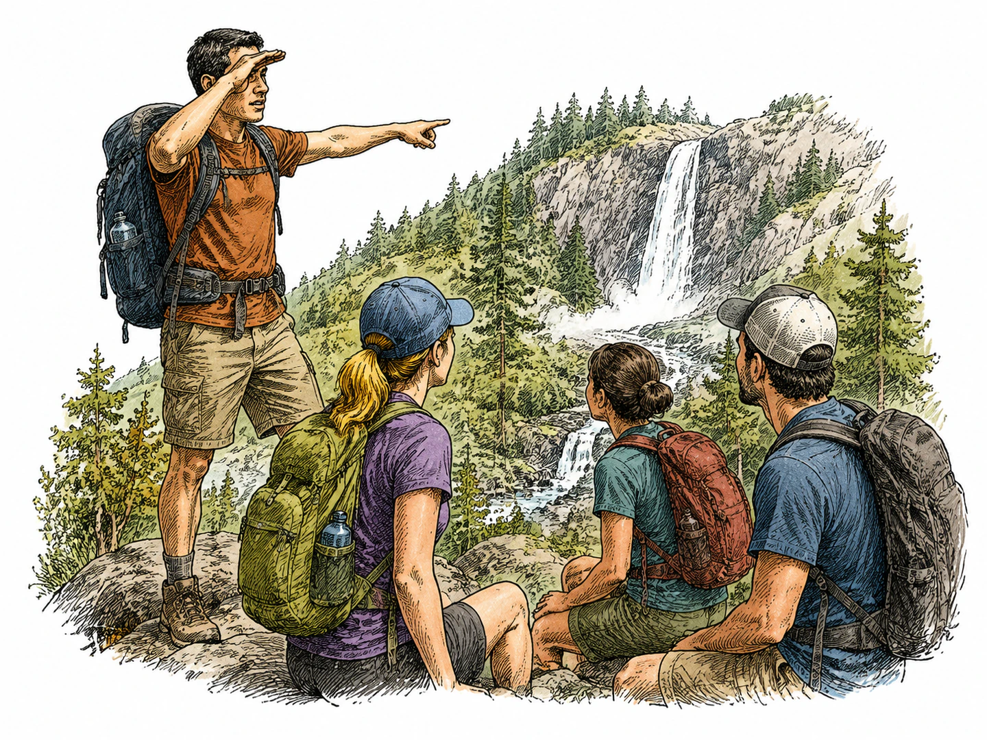 A hiker shades their eyes and points to a distant waterfall that the others turn to see.