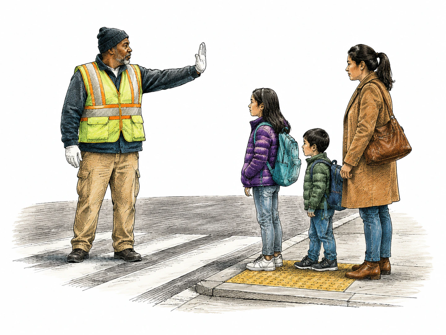 A crossing guard raises an open hand toward approaching pedestrians, and the pedestrians stop because the visible gesture communicates that they should wait.