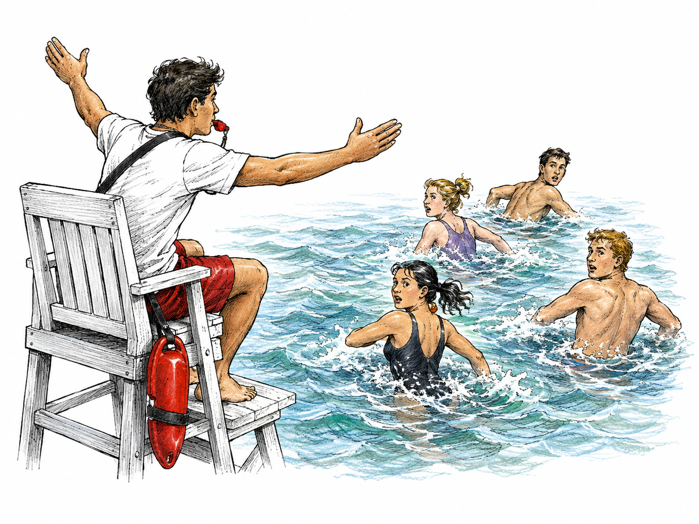 A lifeguard blows a whistle and waves both arms toward swimmers, who immediately turn back toward shore because the action and sound convey danger.