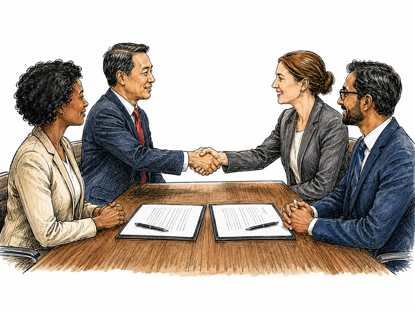 At a formal table, representatives finish signing the same agreement and then shake hands, showing each party bound by its signature.