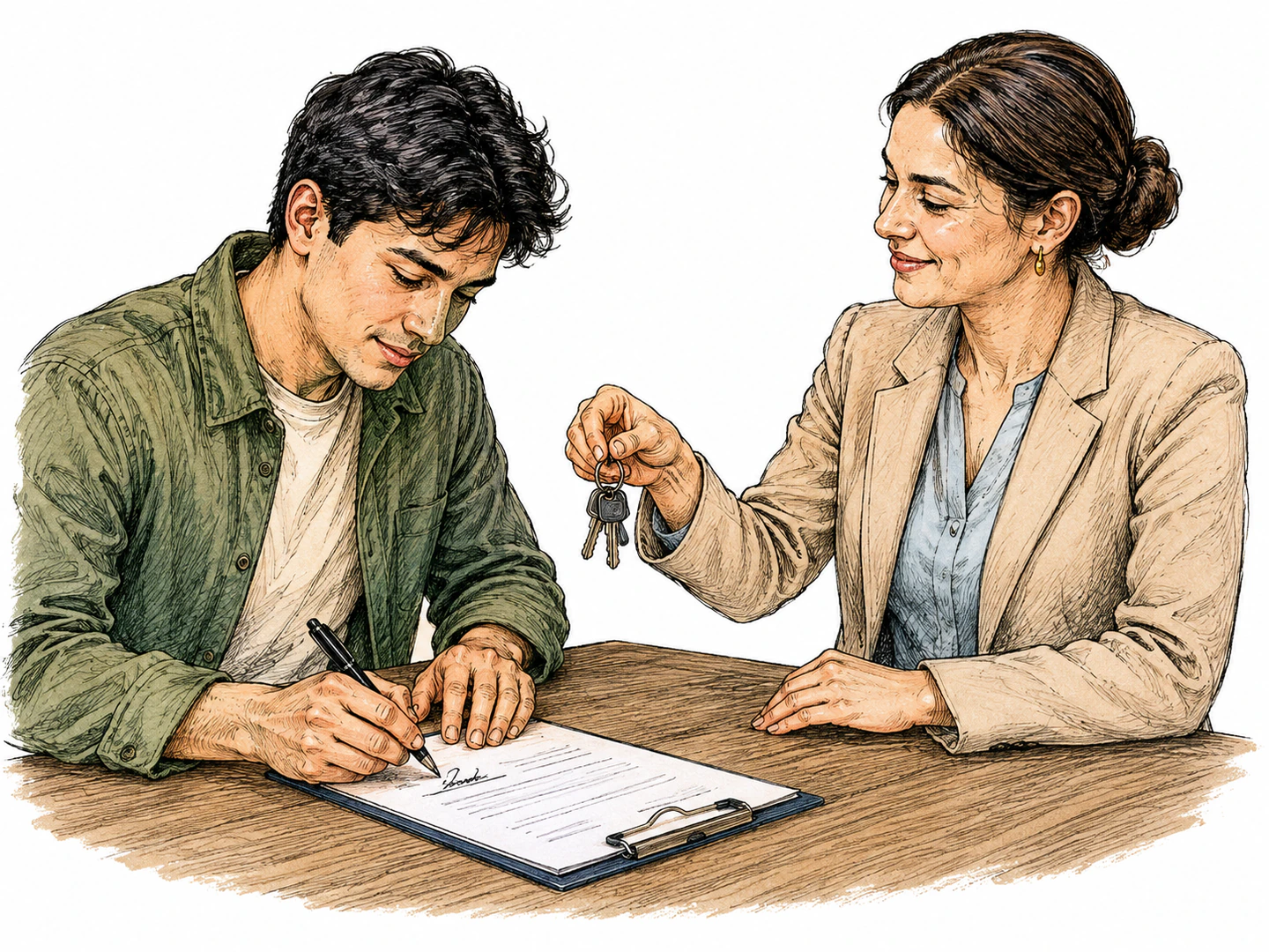 A tenant writes a distinctive handwritten mark on an approval form while a landlord hands over apartment keys, making the mark function as authorization.