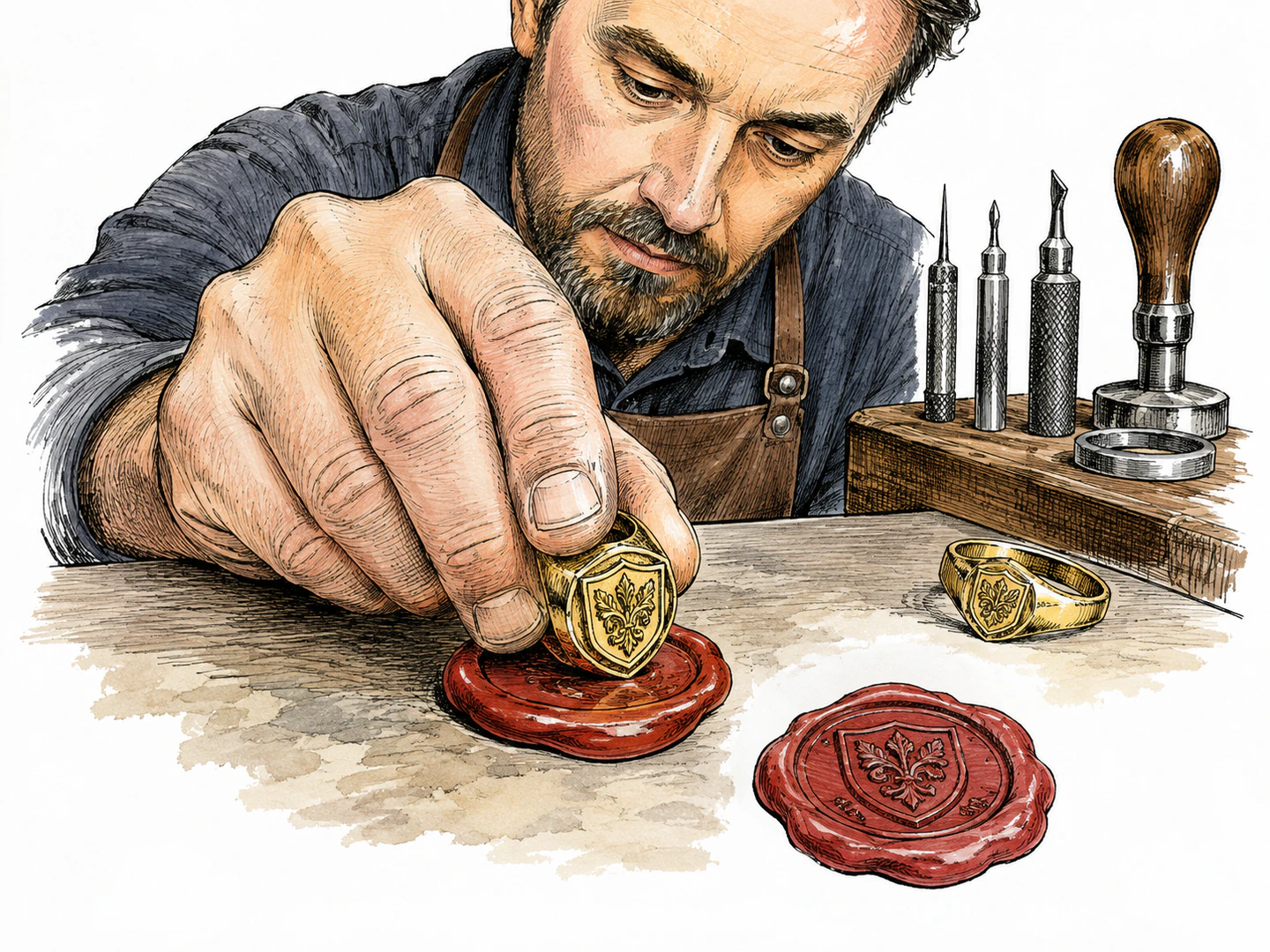 A jeweler presses a small carved seal into soft wax, leaving a distinct identifying imprint behind.