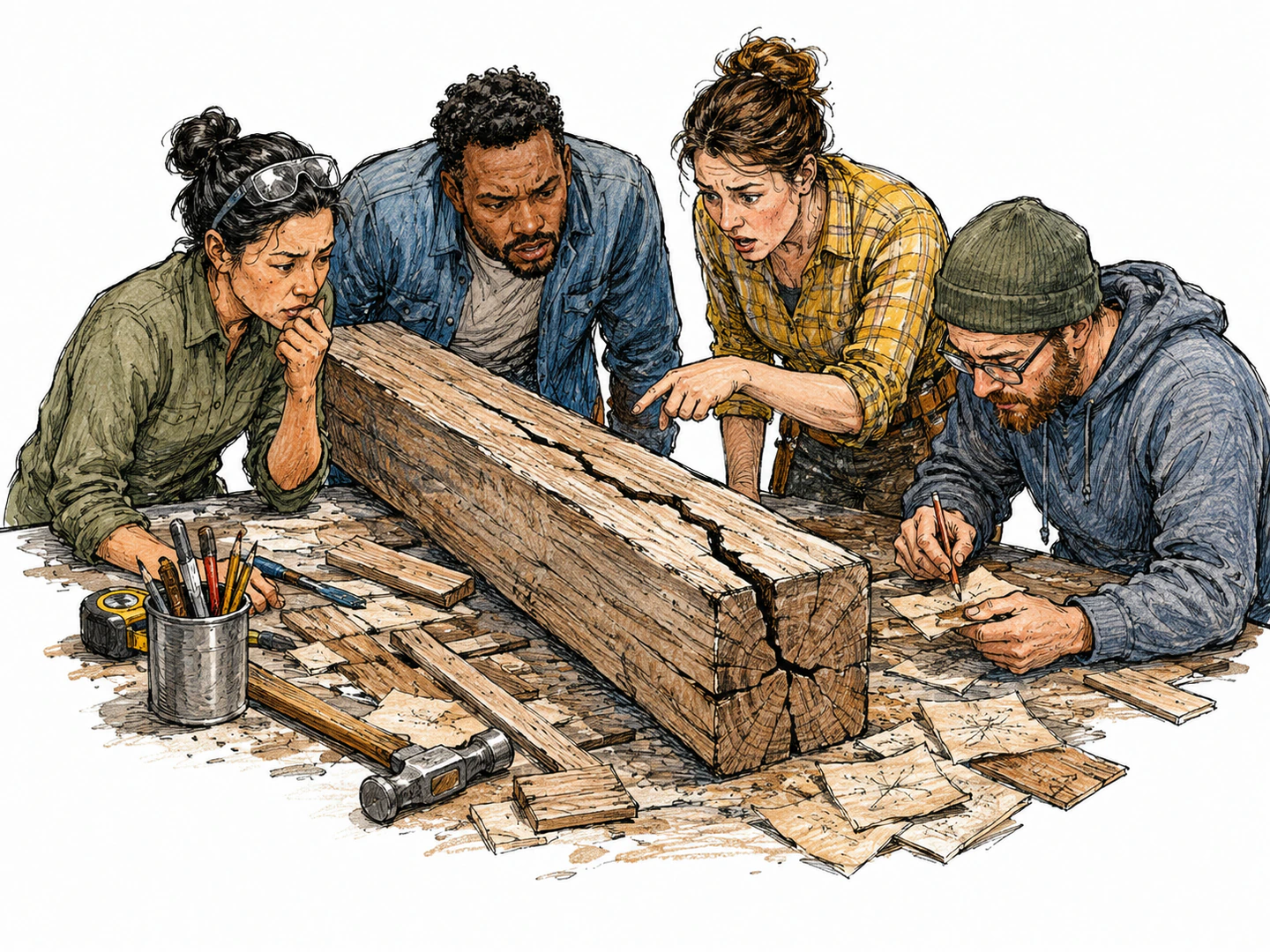 On a cluttered workbench, a large cracked support beam draws everyone's urgent attention while tiny scratches on loose scraps are ignored.