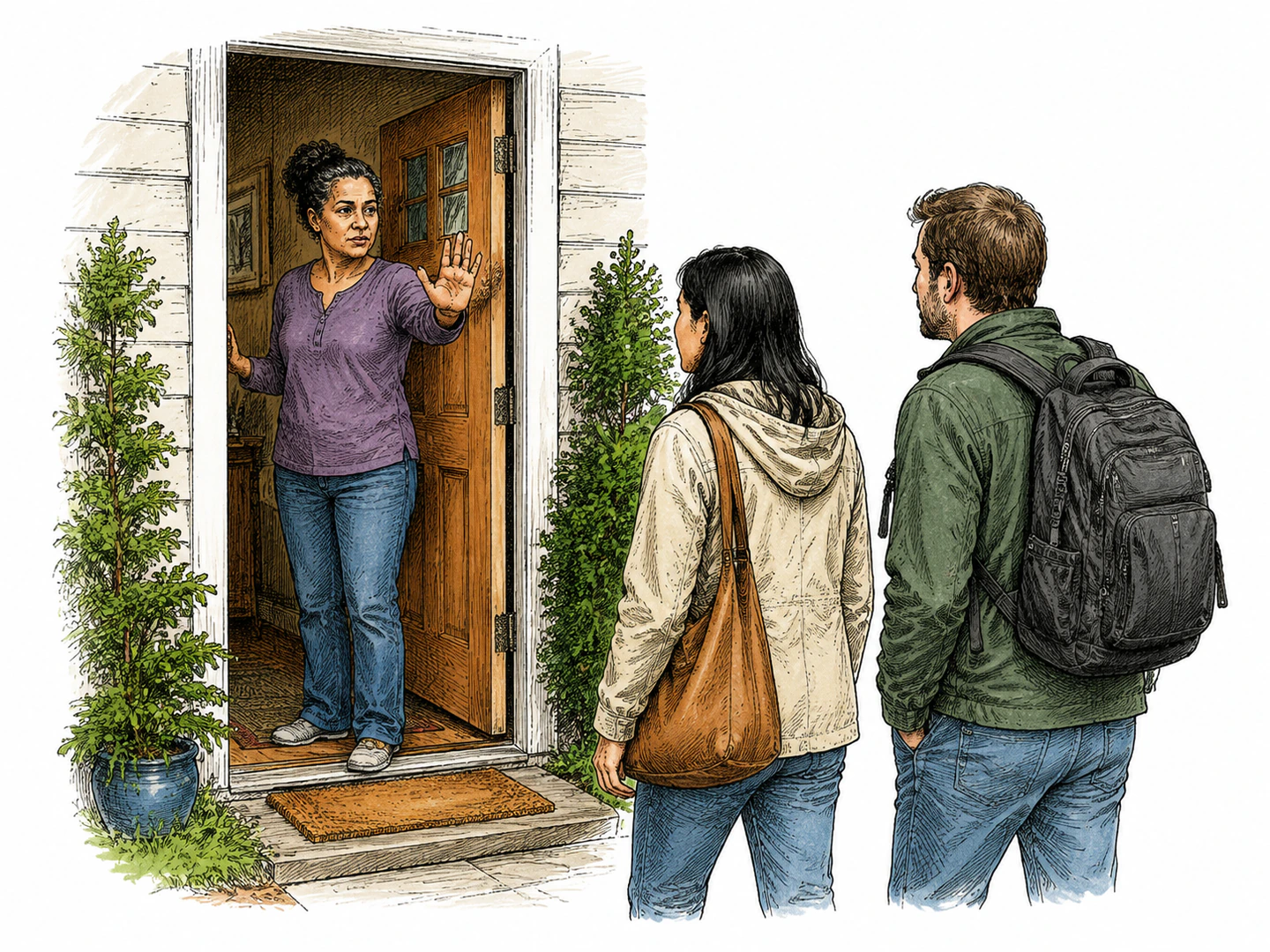 A person raises an open hand at a doorway, and the people approaching stop because the gesture clearly indicates they should wait.