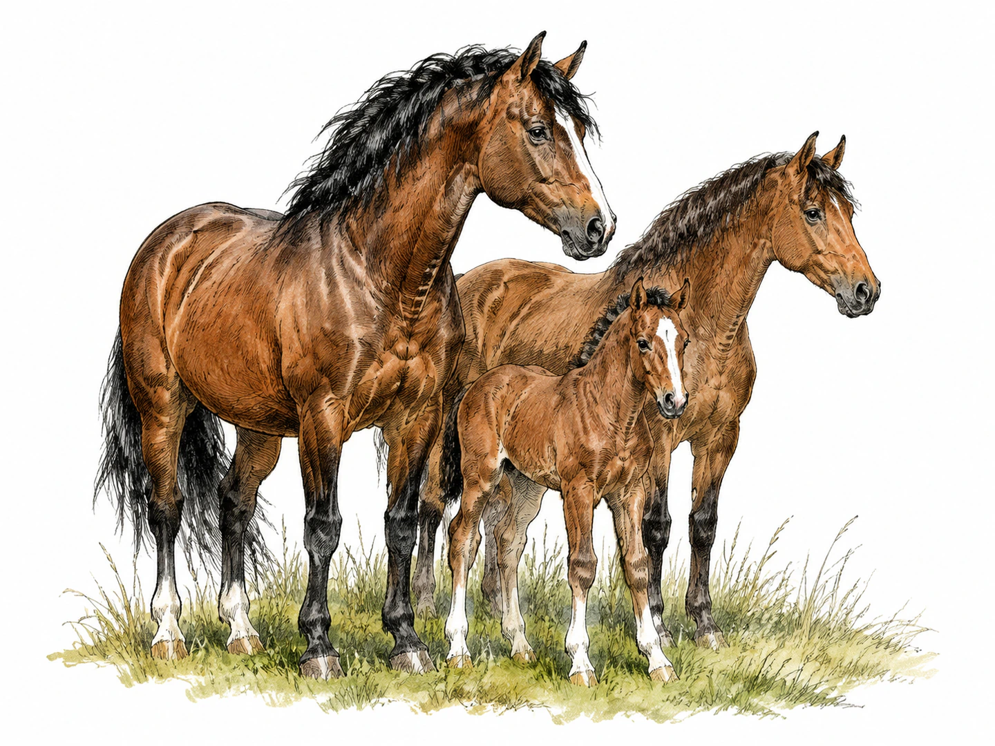 A stallion stands protectively beside a mare and a young foal that shares his markings, showing him as the foal's male parent.