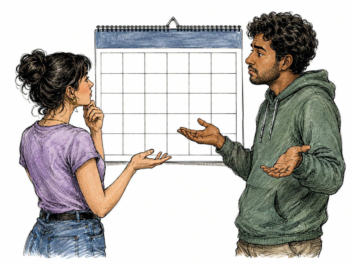 Two friends gesture toward a calendar full of blank days while leaving their meeting moment undecided and unknown.