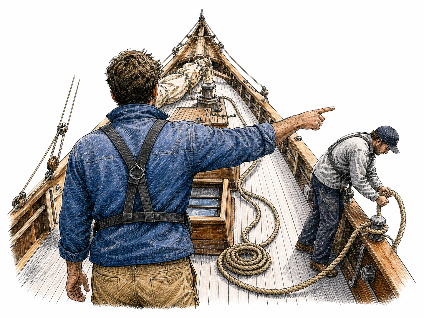 View from behind a sailor on a wooden ship, looking FORWARD toward the pointed bow at the TOP of the image. His back faces us. His RIGHT arm extends horizontally toward the RIGHT rail on the RIGHT of the picture, where another crew member secures a rope. Bow clearly narrows to a point ahead; no stern wheel.