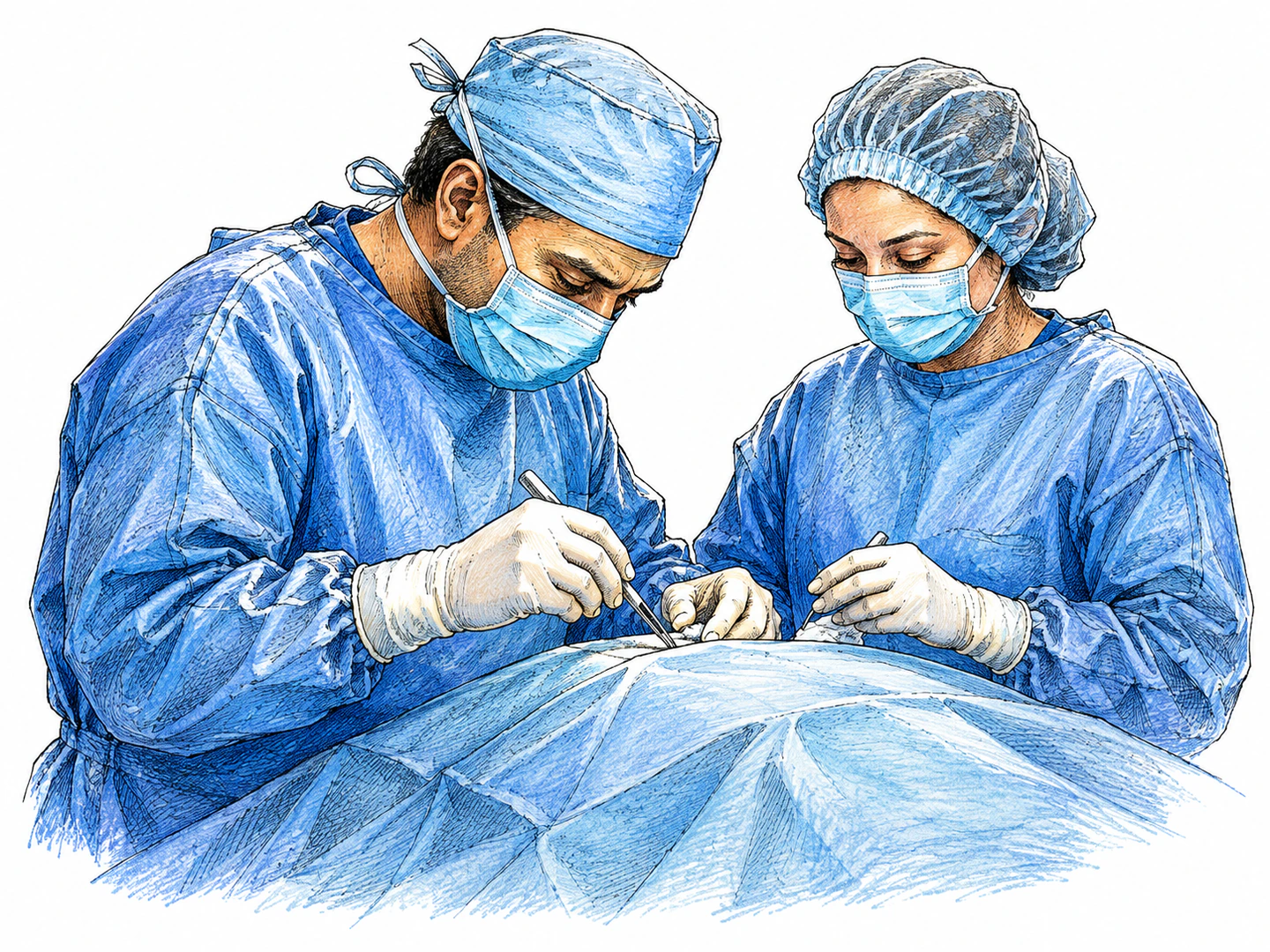 A surgeon wearing sterile gloves, blue gown, mask and cap carefully works with surgical instruments at the edge of a fully draped operating table. A second clinician assists. The patient is entirely concealed beneath blue drapes. Emphasize the focused surgeon and gloved hands; no visible wound, blood, organs, monitor screens or writing.
