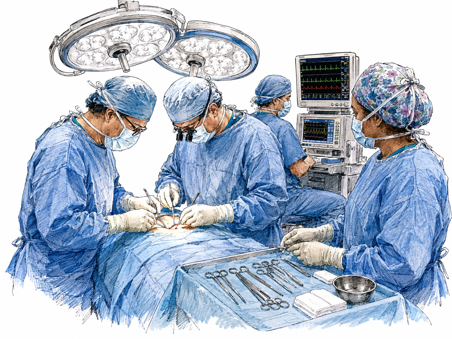 In an operating room, masked surgeons use sterile instruments on a patient’s body while medical staff monitor the operation.