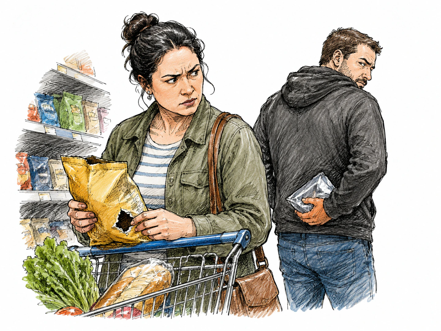 A shopper narrows their eyes at a torn bag and a nearby stranger hiding something behind their back, sensing that something may be wrong.