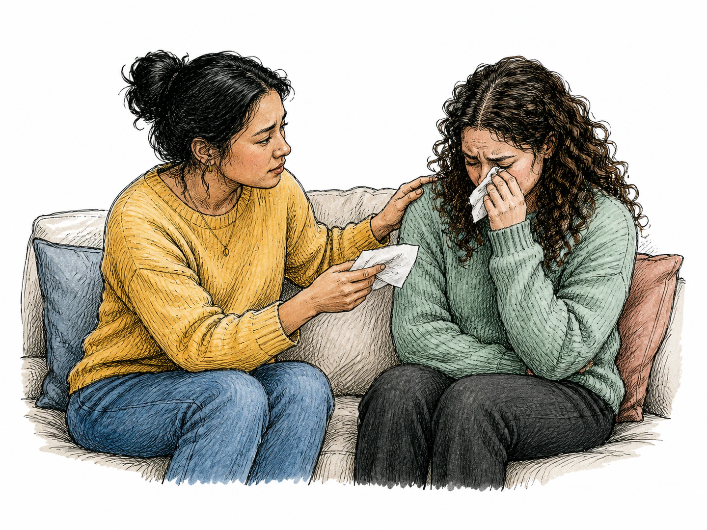 One friend sits beside a crying person, offers a tissue, and places a gentle hand on their shoulder.