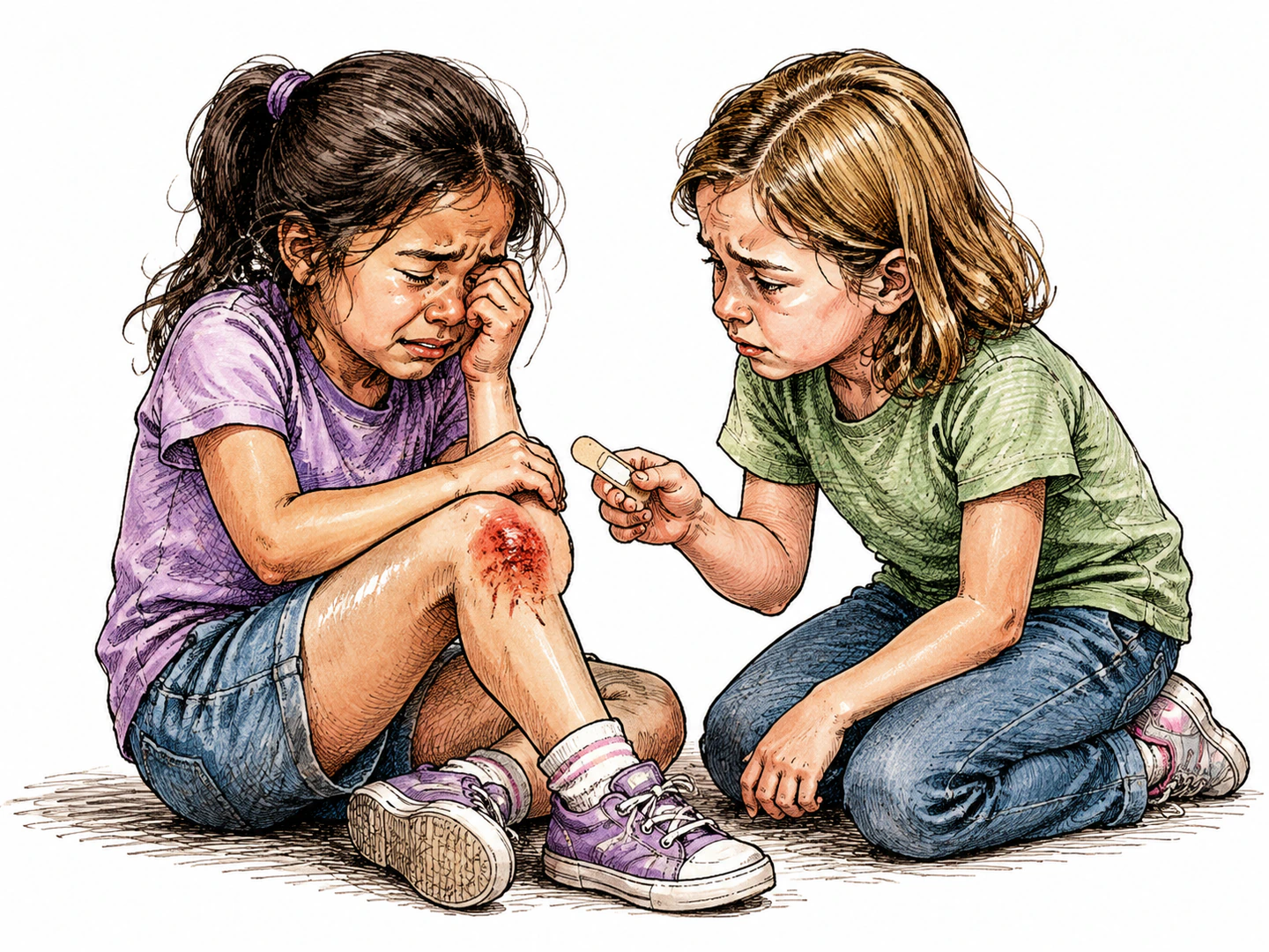 A child with a scraped knee cries while another child kneels beside them, gently offering a bandage and sharing a sorrowful expression.