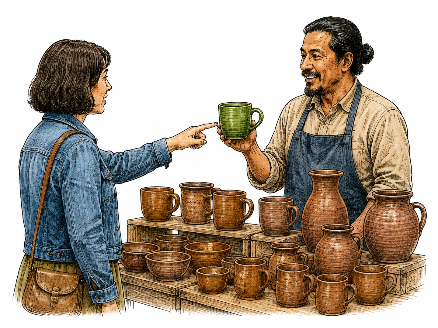 At a pottery stall a customer points precisely at one green mug while the shopkeeper lifts that very SAME green mug. The pointing fingertip is aimed at the green mug held in the shopkeeper hand. All other pottery is brown, no second green mug.