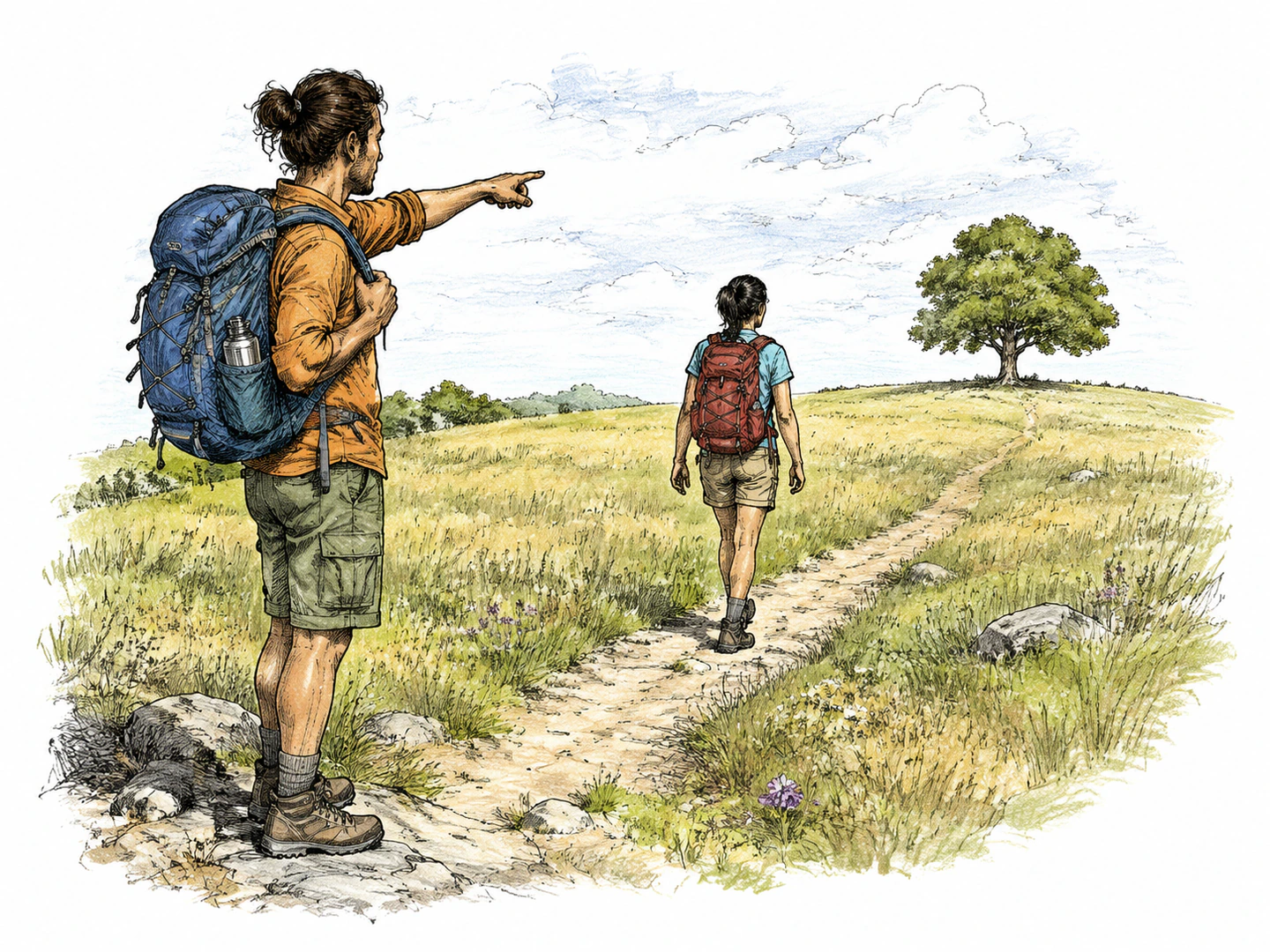 One hiker points across a field to a distant lone tree while the other hiker walks toward that exact place.