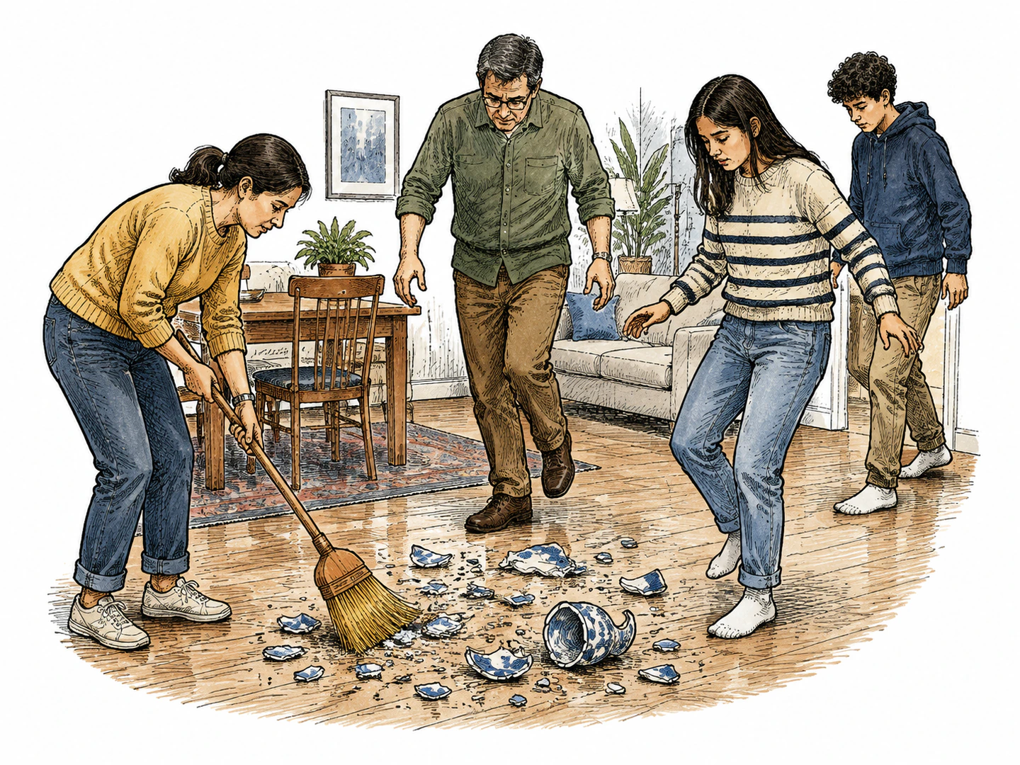 A vase has just shattered on the floor, and thereafter everyone in the room steps carefully while one person sweeps the pieces.