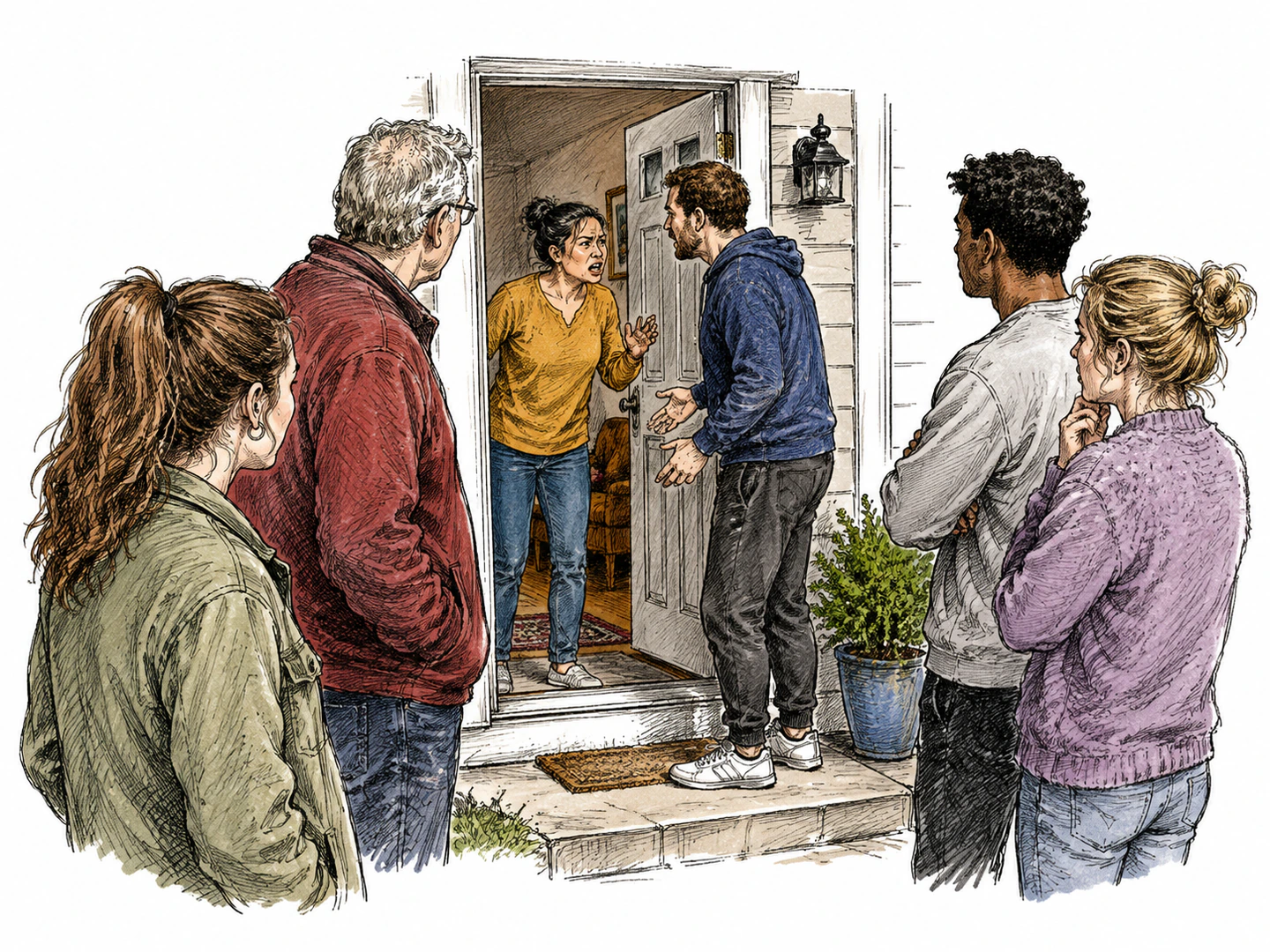 At the exact doorway where a dispute has just happened, everyone turns toward that place and responds there at the event itself.