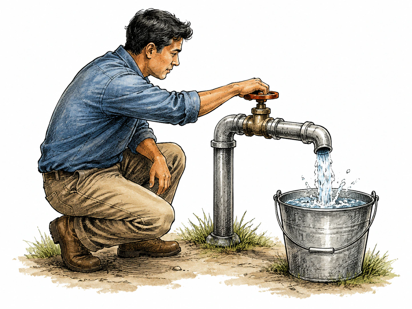 A person turns a valve on a pipe, and that action immediately fills a nearby empty bucket with water.